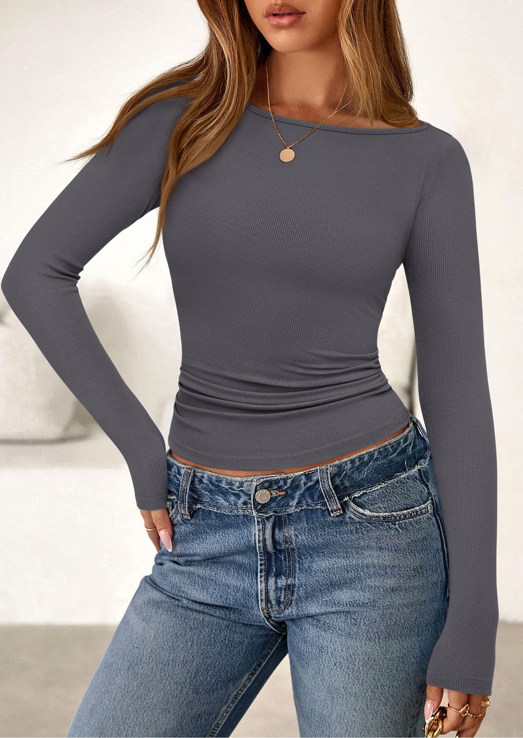 Long Sleeve T Shirts for Women Basic Ribbed Boat Neck Tops