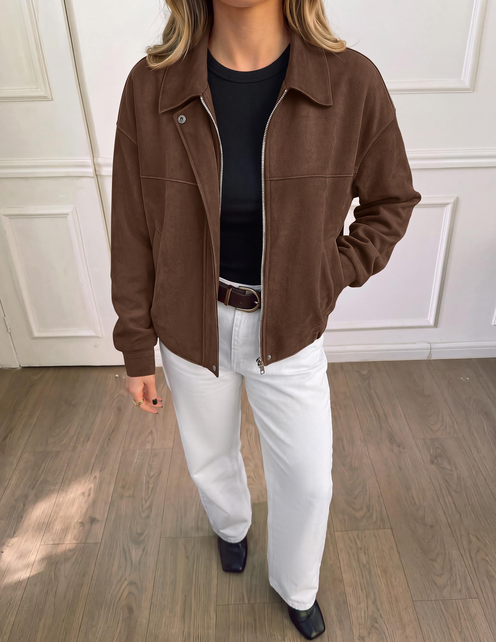 Women's Faux Suede Cropped Fall Jackets,Dark Brown,S