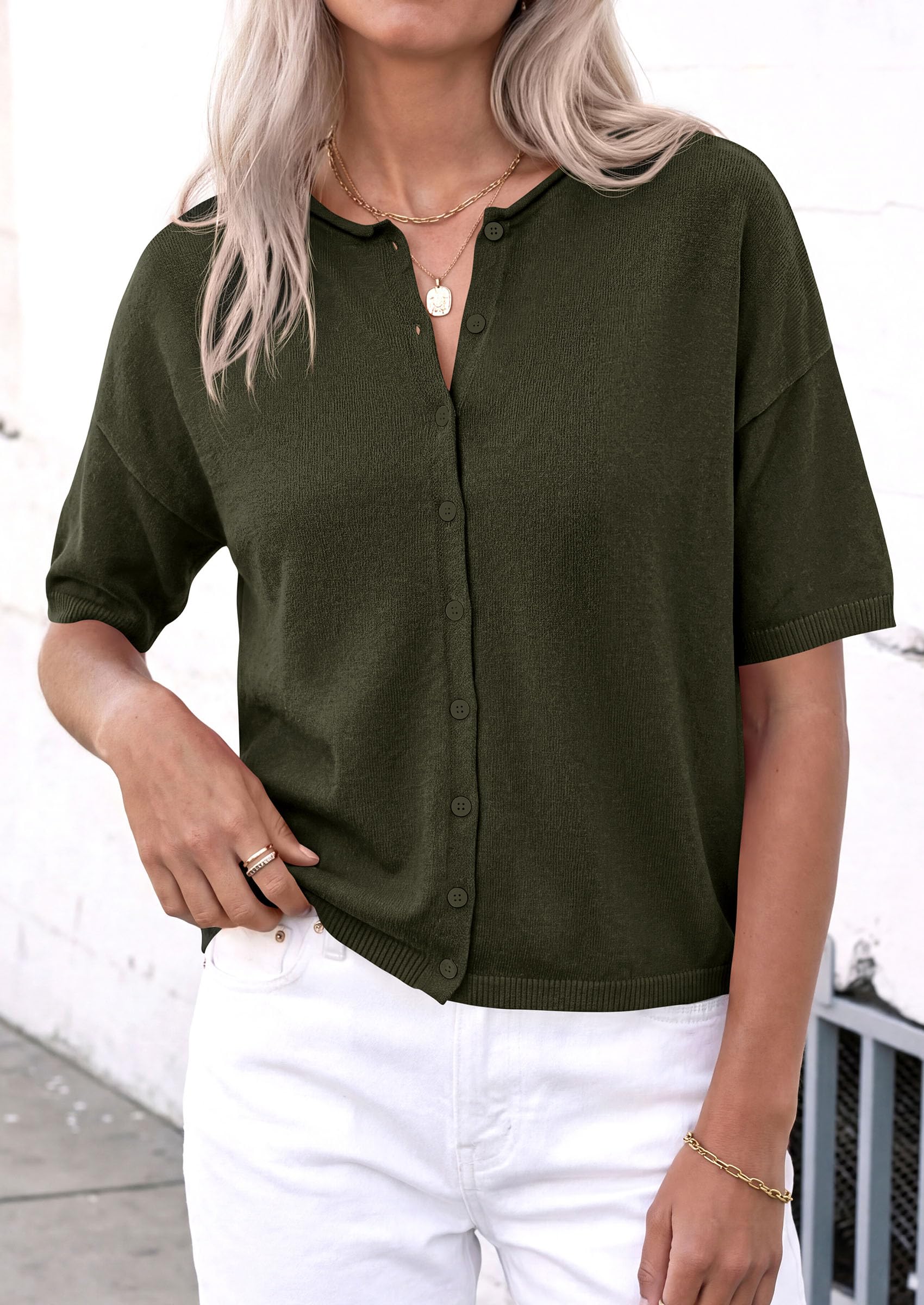 Women's Short Sleeve Cardigan Sweaters (Army Green,Small)