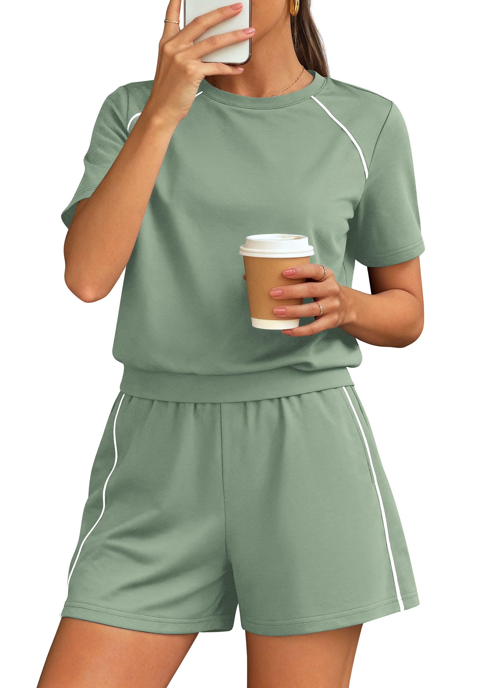 Womens 2 Piece Short Sets Casual Summer Outfits, Sage Green,S