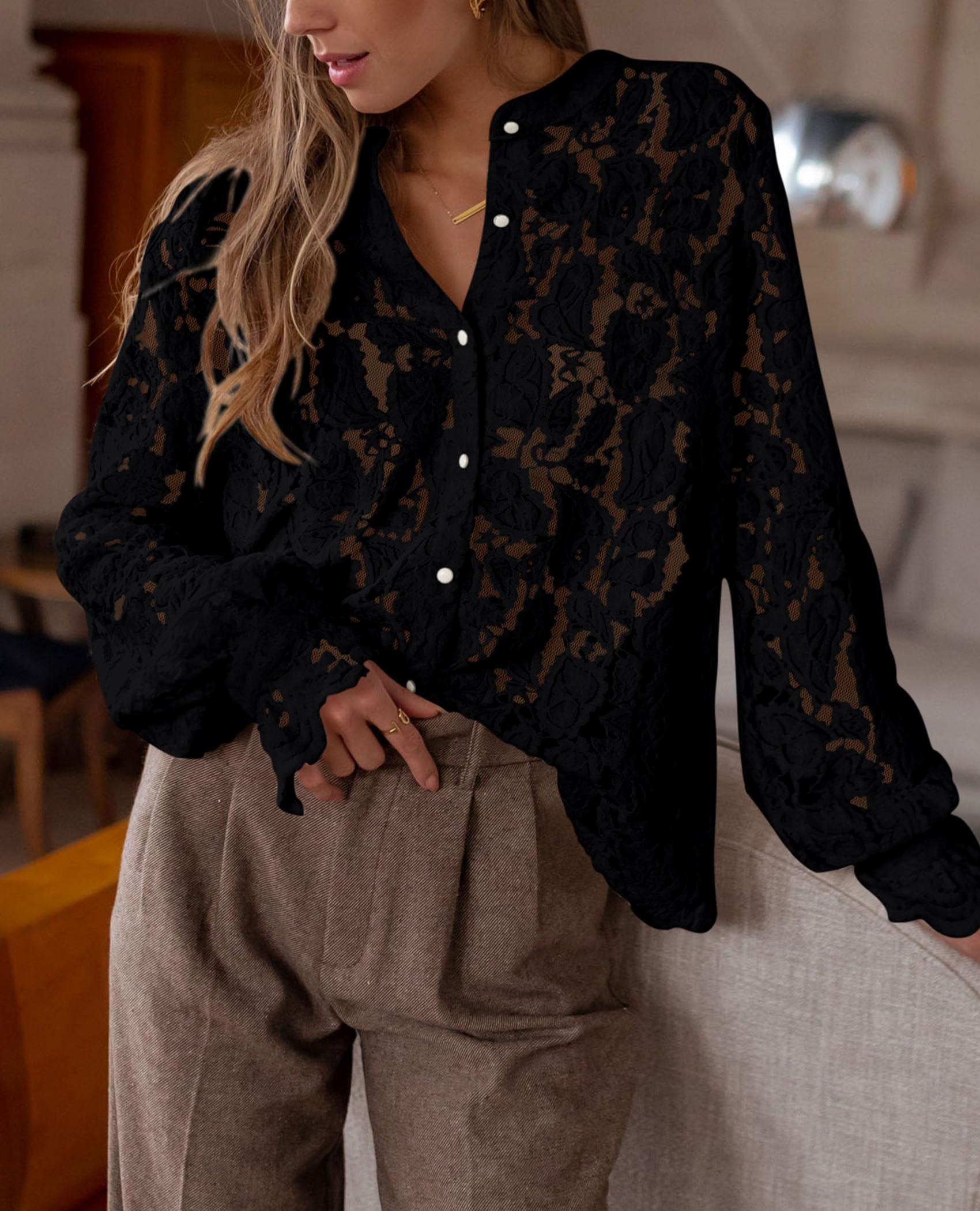 Women's Fall Trendy Long Sleeve Lace Tops(Black,Small)