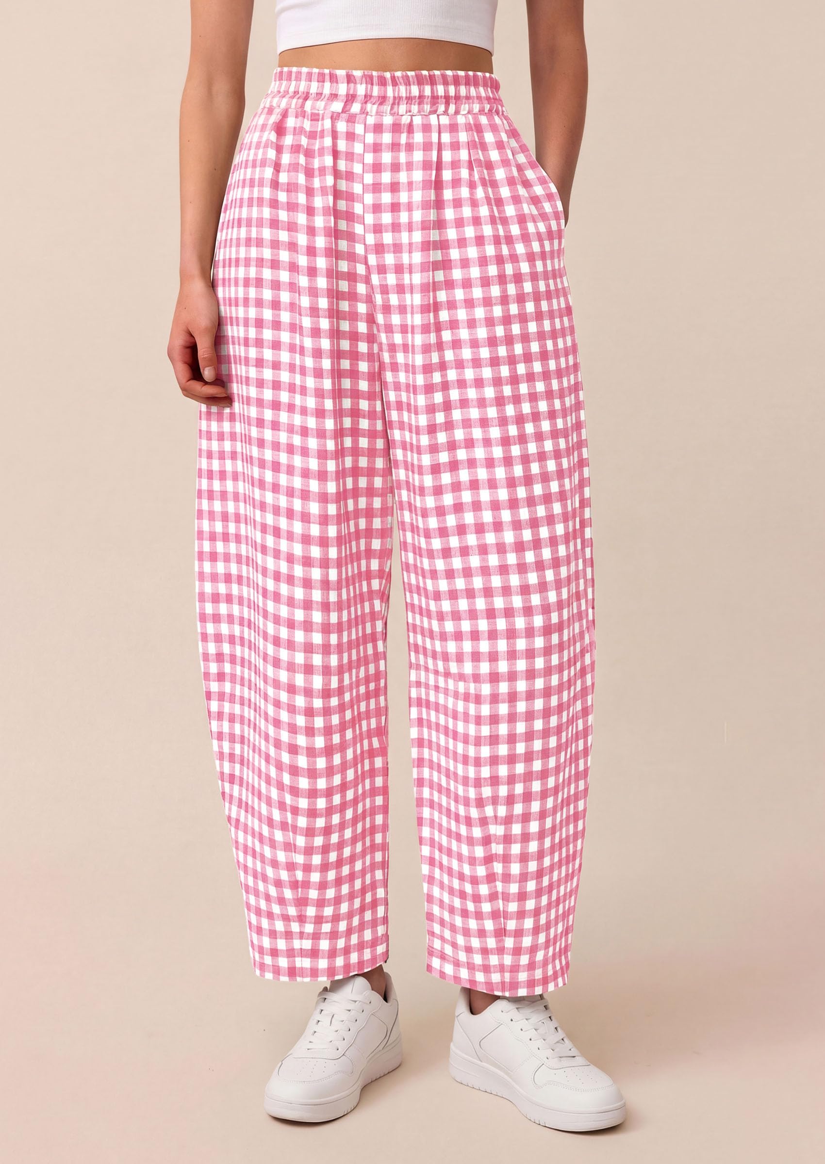 Plaid Barrel Pants Women Summer Bottoms, Pink Plaid,S