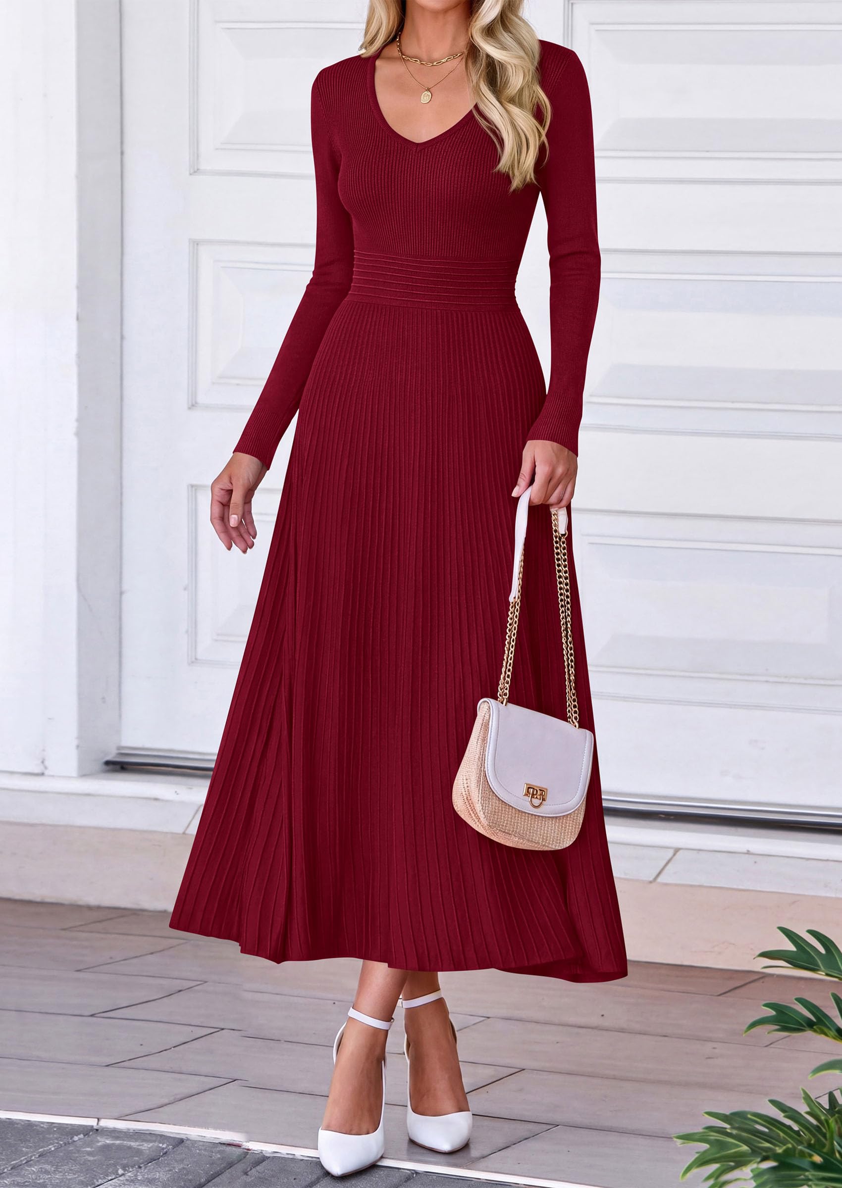 Women's Fall V Neck Pleated Midi Sweater Dress,Wine Red,S
