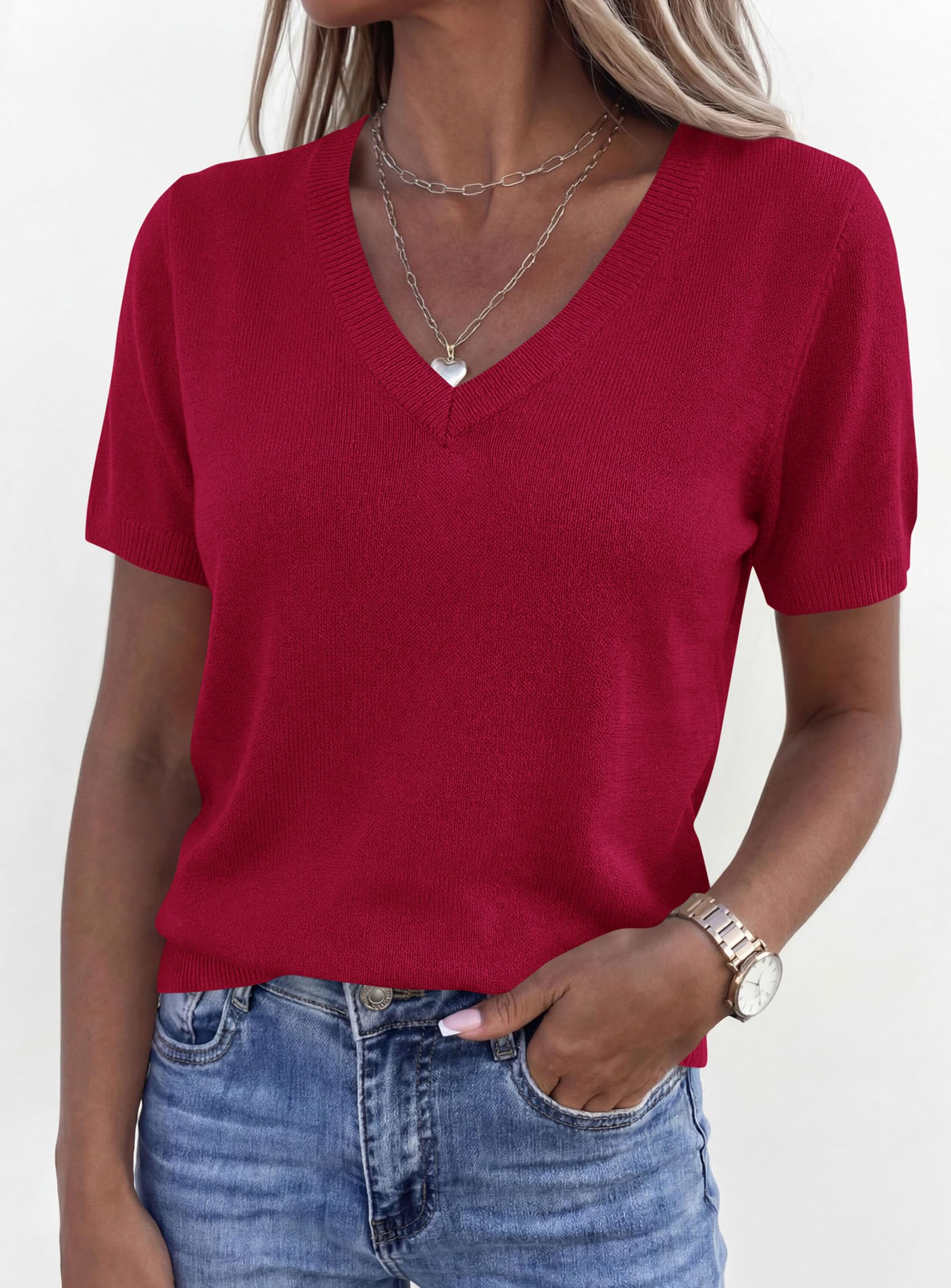Womens Short Sleeve Sweater V Neck Tops,Red,S