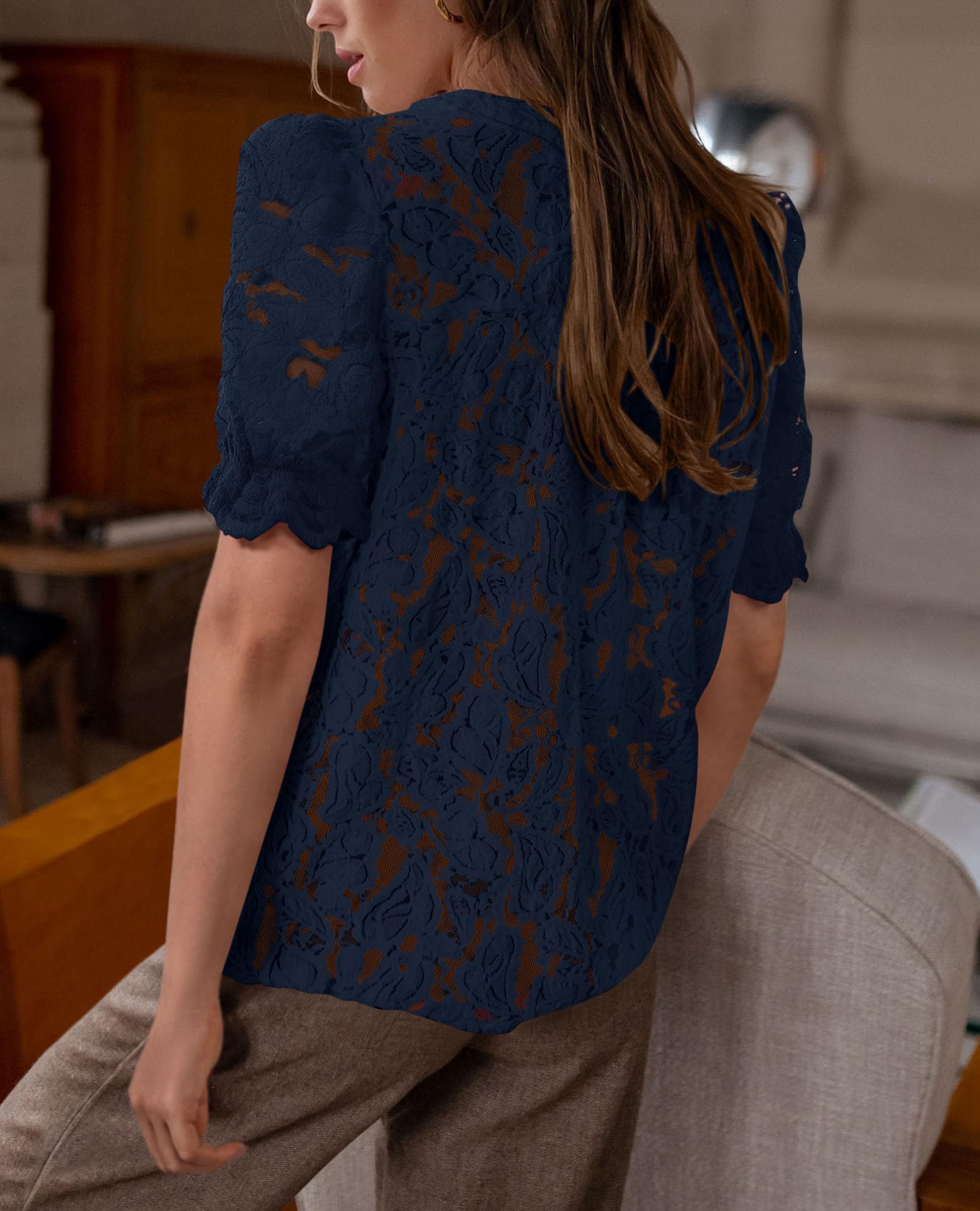 Womens Lace Tops Button Down Short Sleeve Shirts,Navy,S