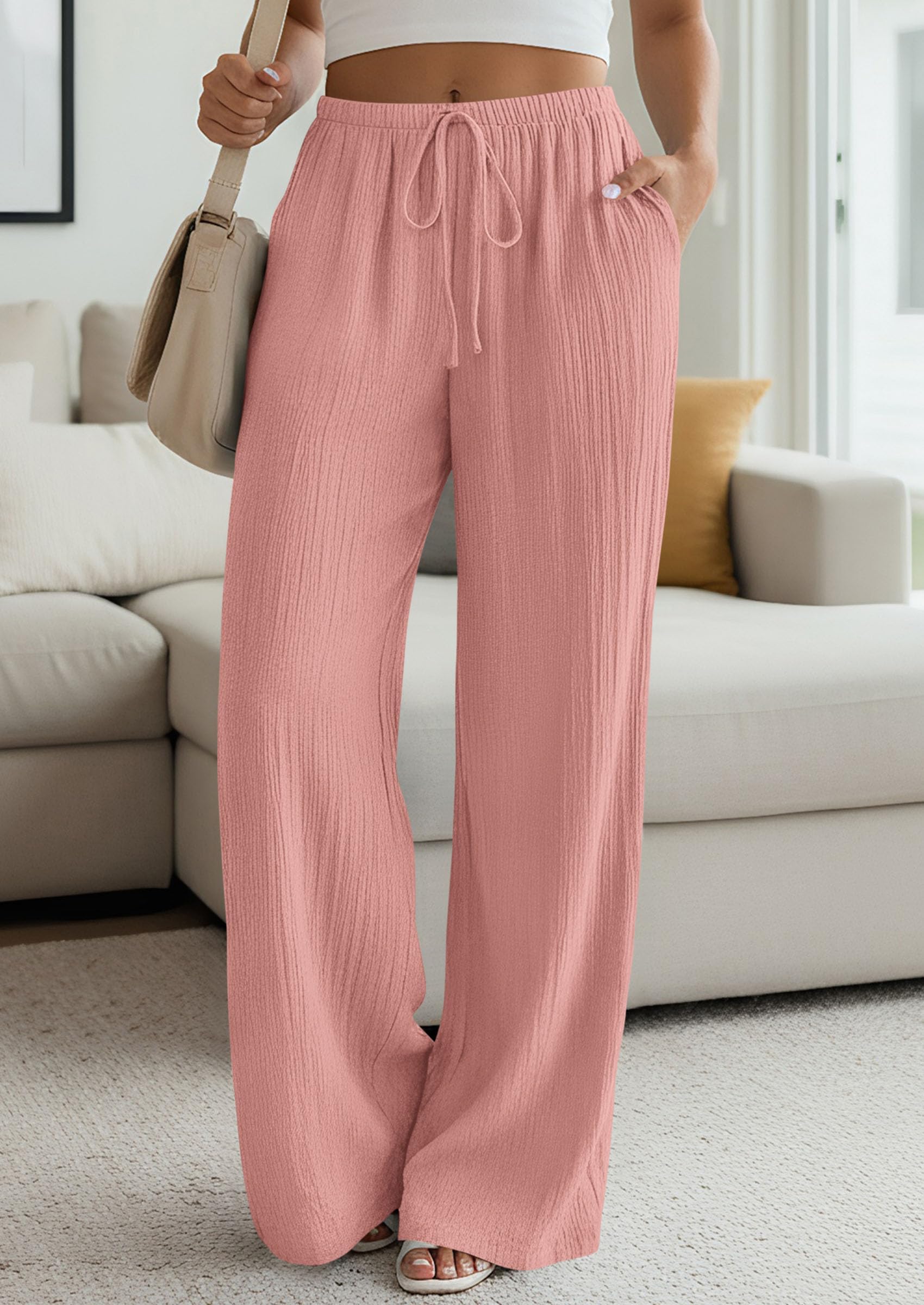 Women's Palazzo Pants Casual Wide Leg Trousers,Pink,S