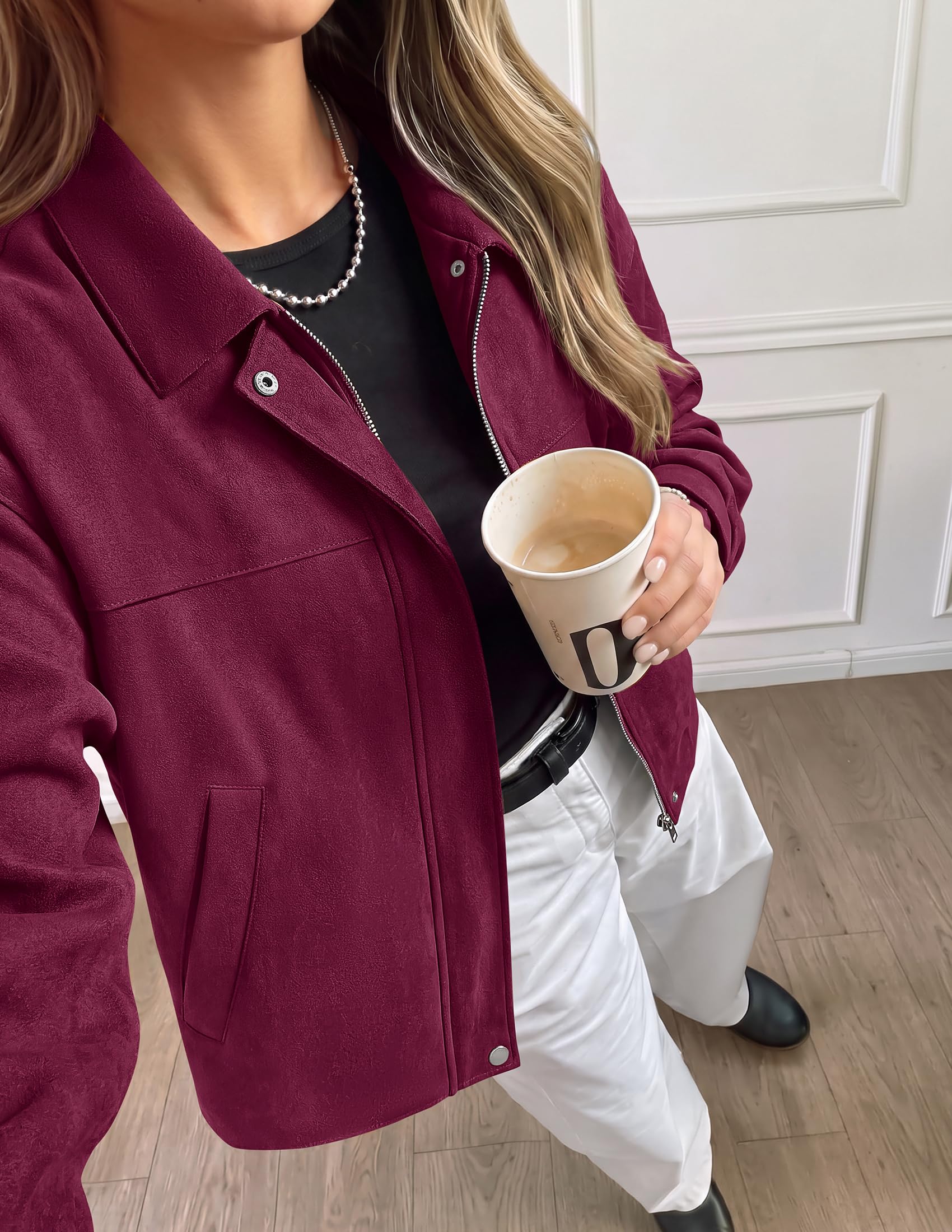 Women's Faux Suede Cropped Fall Jackets,Wine Red,S