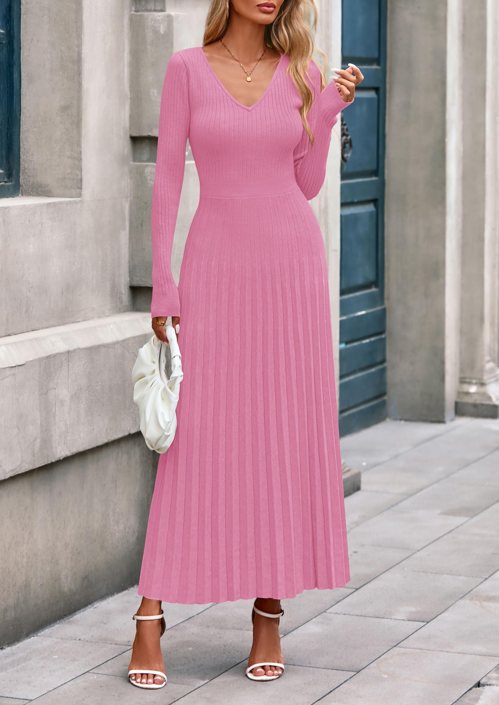Sweater Dress Women Long Sleeve Maxi Flowy Pleated Dresses