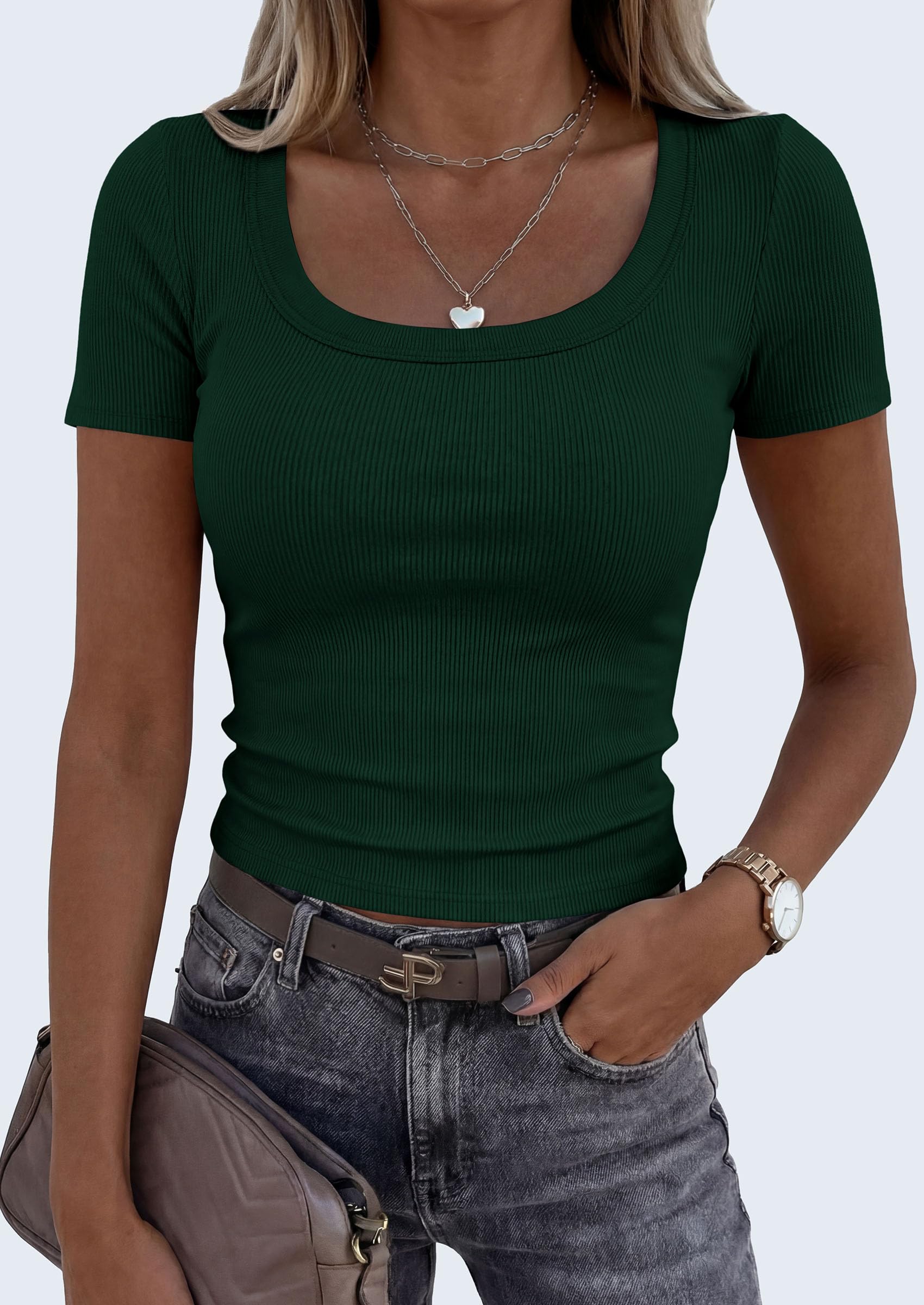 Womens Summer Short Sleeve Scoop Neck Tops,Dark Green,S
