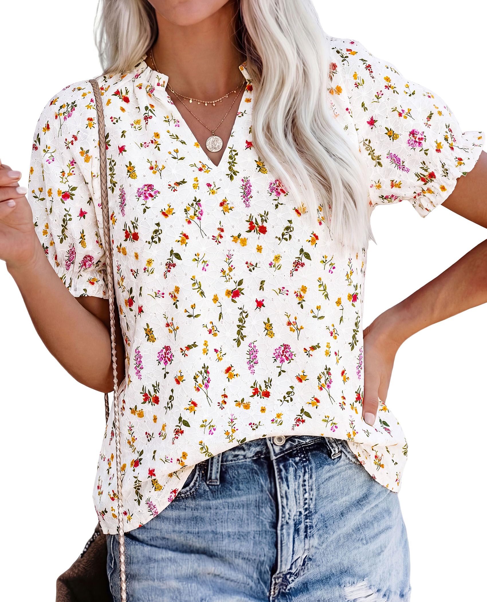Womens Floral Short Sleeve Blouses,Floral White,S