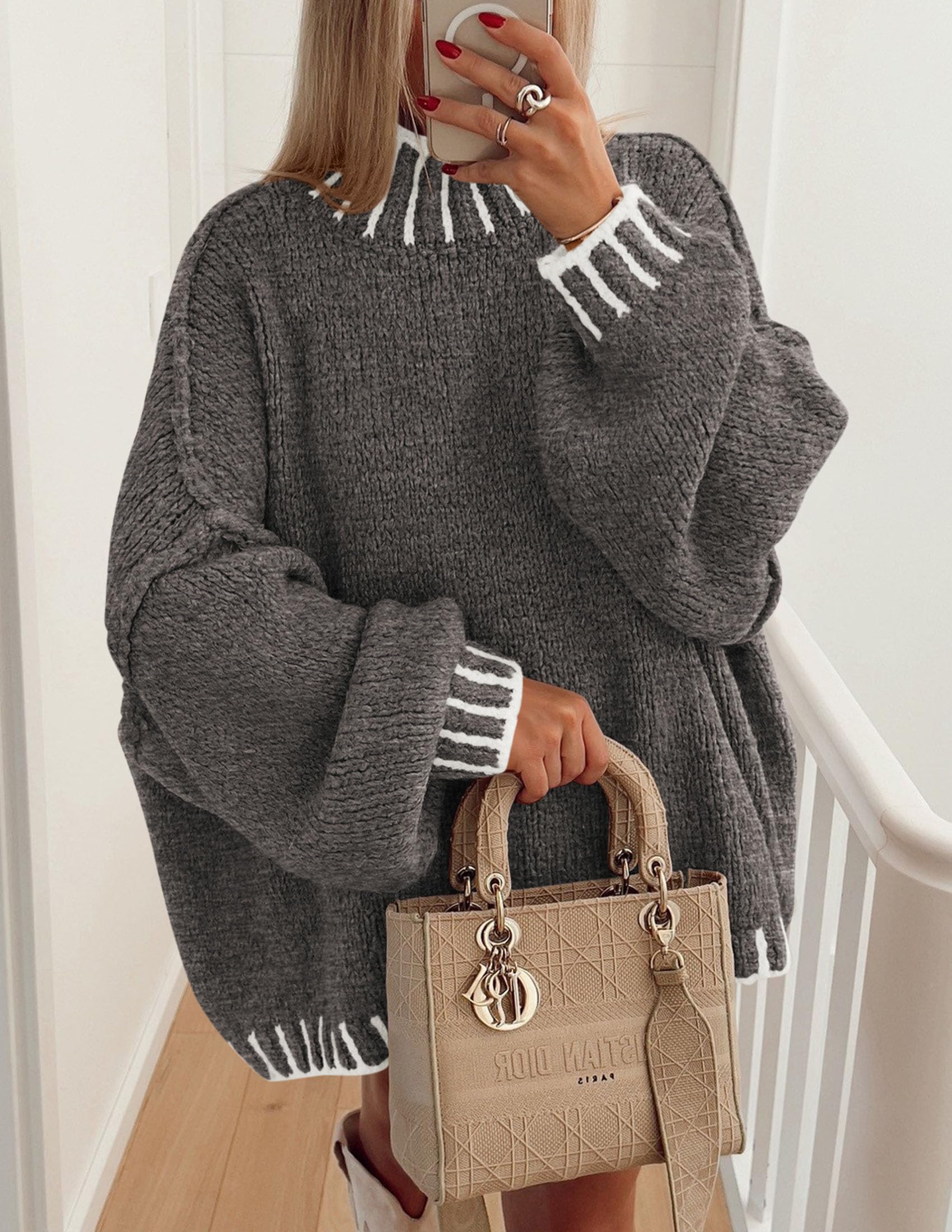 Women's Mock Neck Oversized Pullover Sweaters,Grey,XS