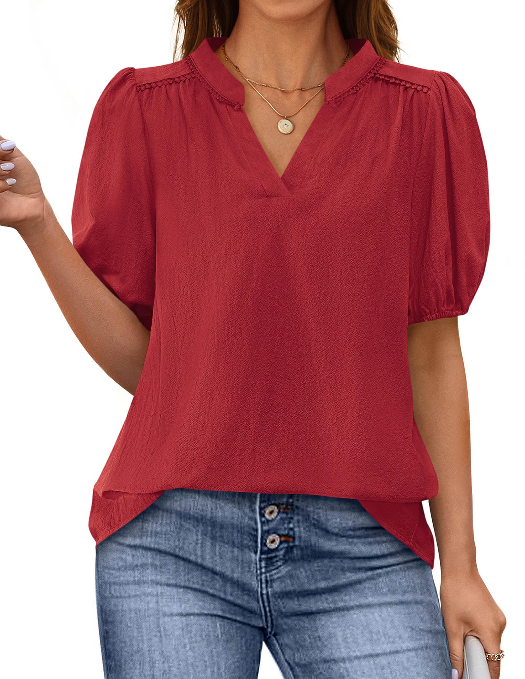 Womens Short Puff Sleeve V Neck Blouses,Dark Red,S