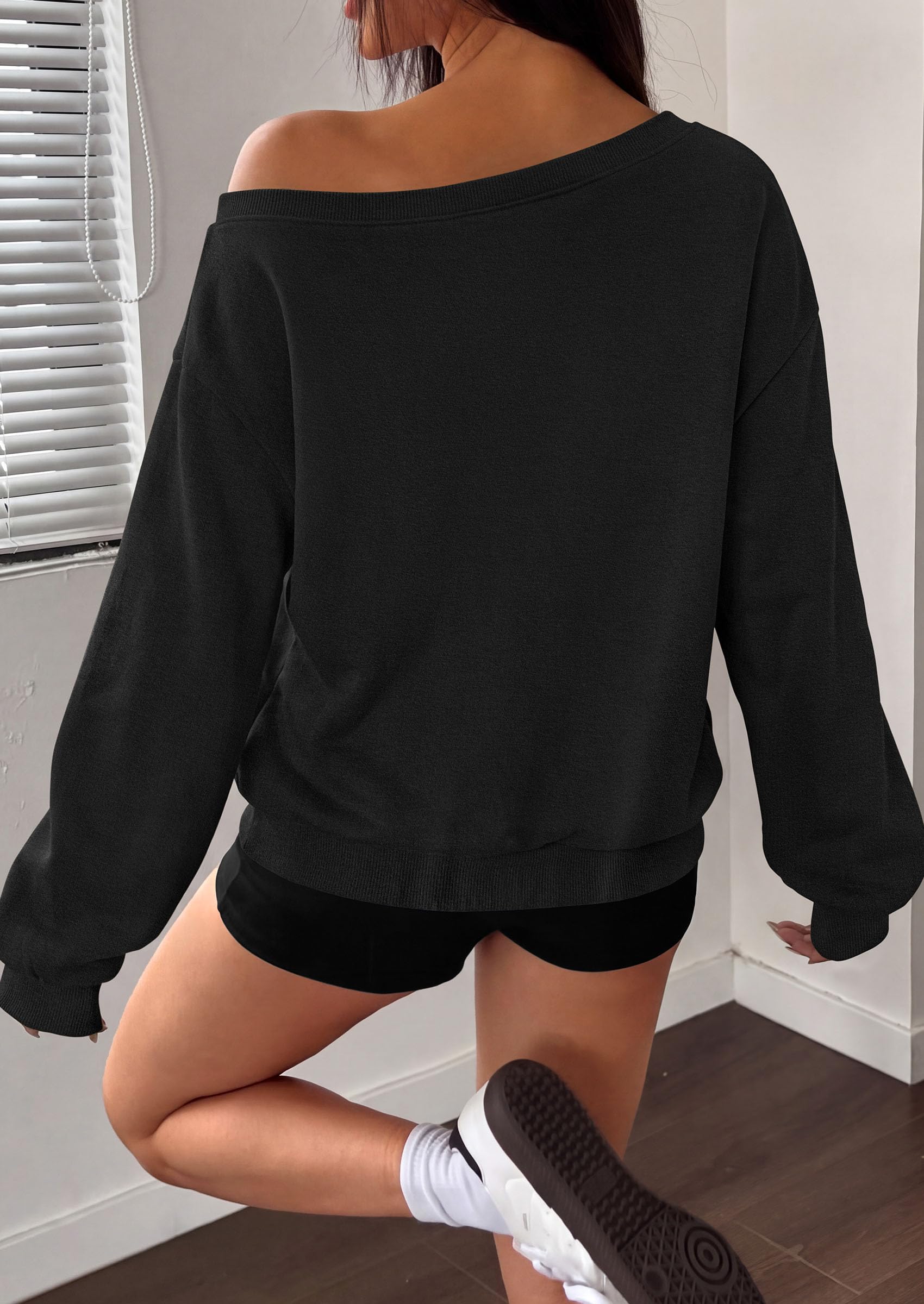 Womens Off The Shoulder Sweatshirt Fall Long Sleeve Tops Black