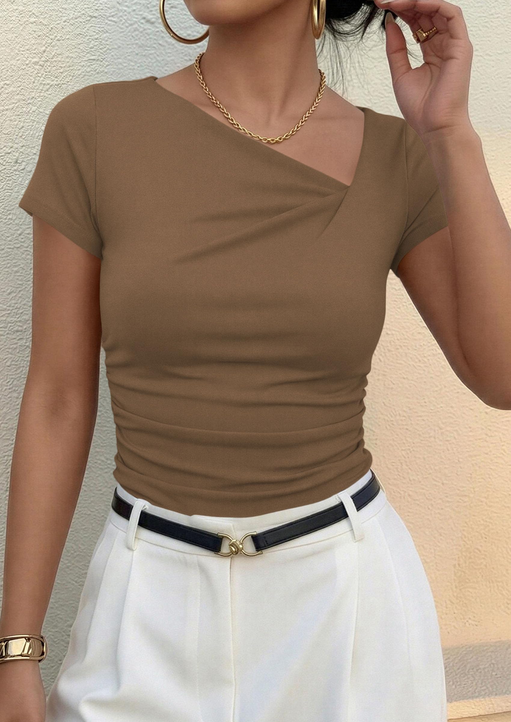 Women's Summer Trendy Asymmetrical Y2K Tops (Dark Khaki,S)