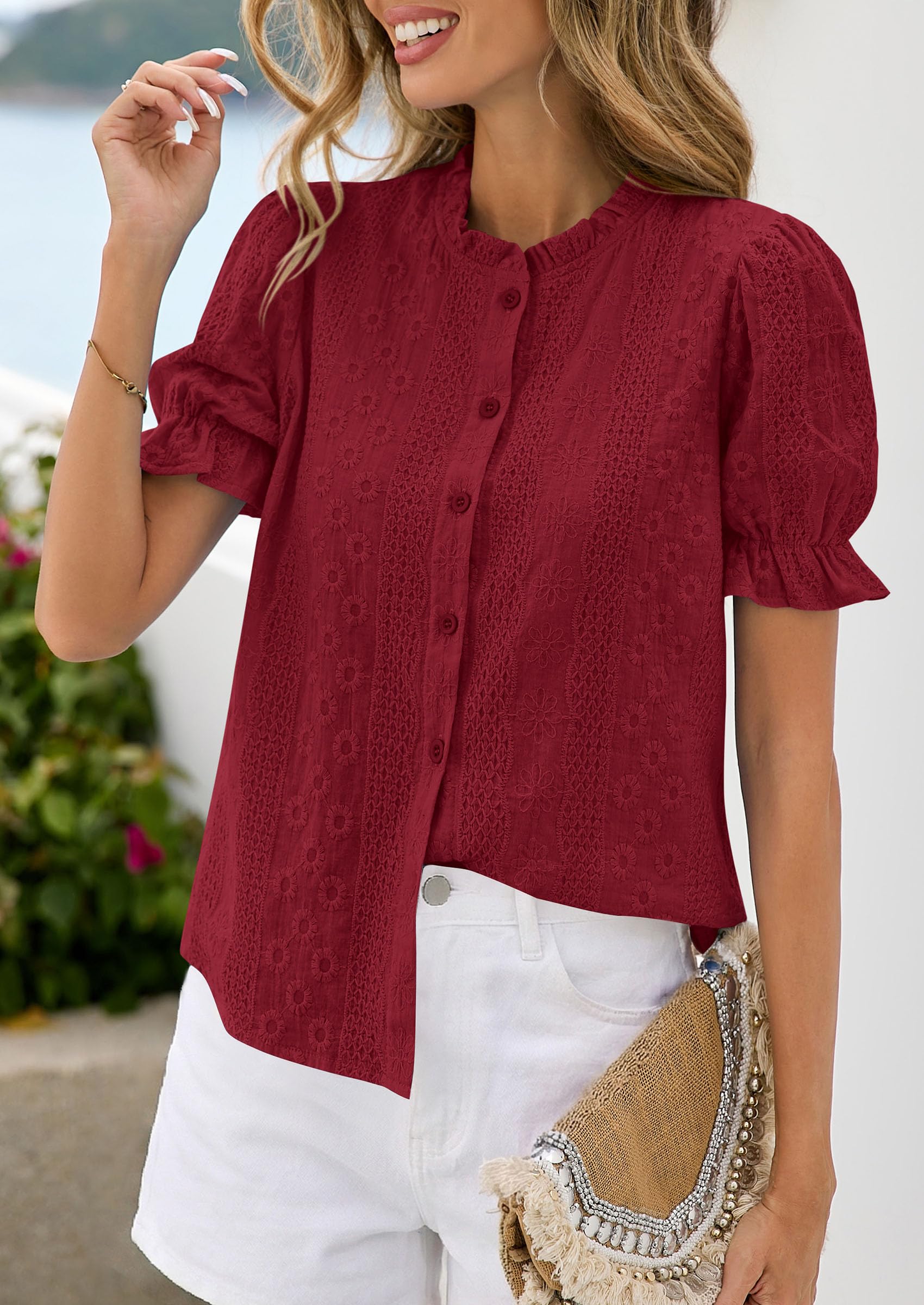 Womens Embroidered Puff Short Sleeve Tops,Wine Red,S