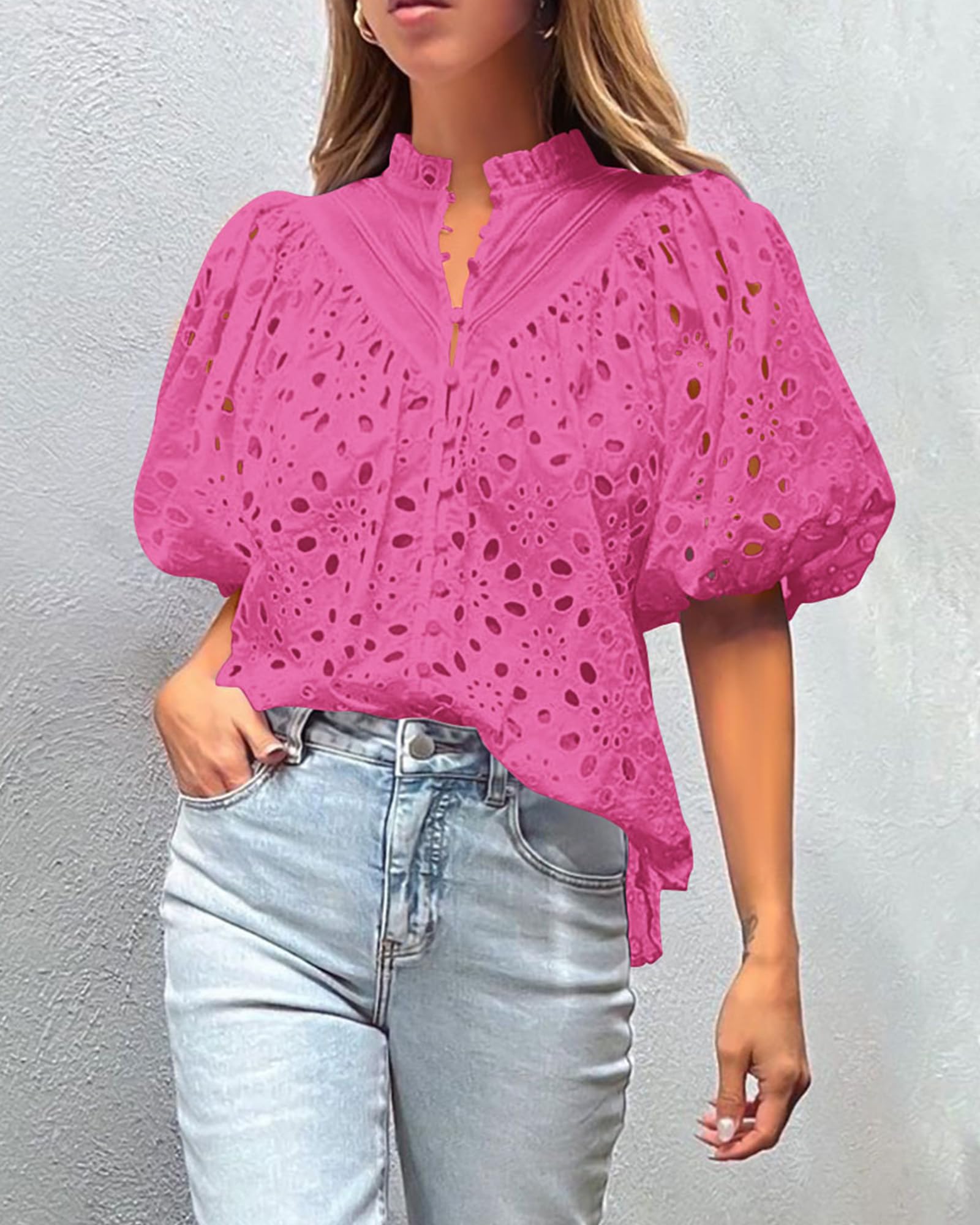 Womens Tops Boho Eyelet Puff Sleeve Blouse, Rose Pink,S