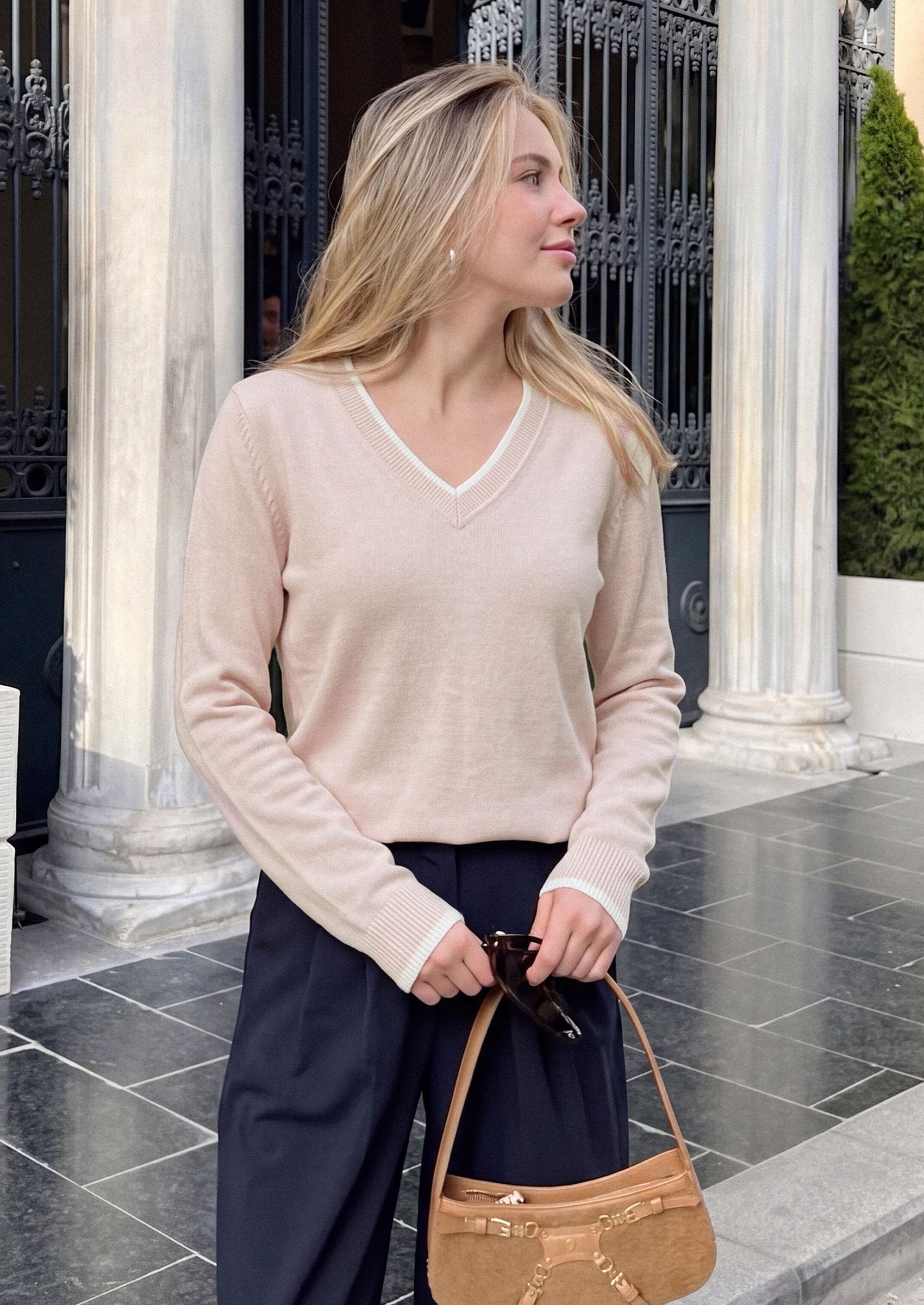 Women's V Neck Sweater Long Sleeve Knit Tops (White,XL)