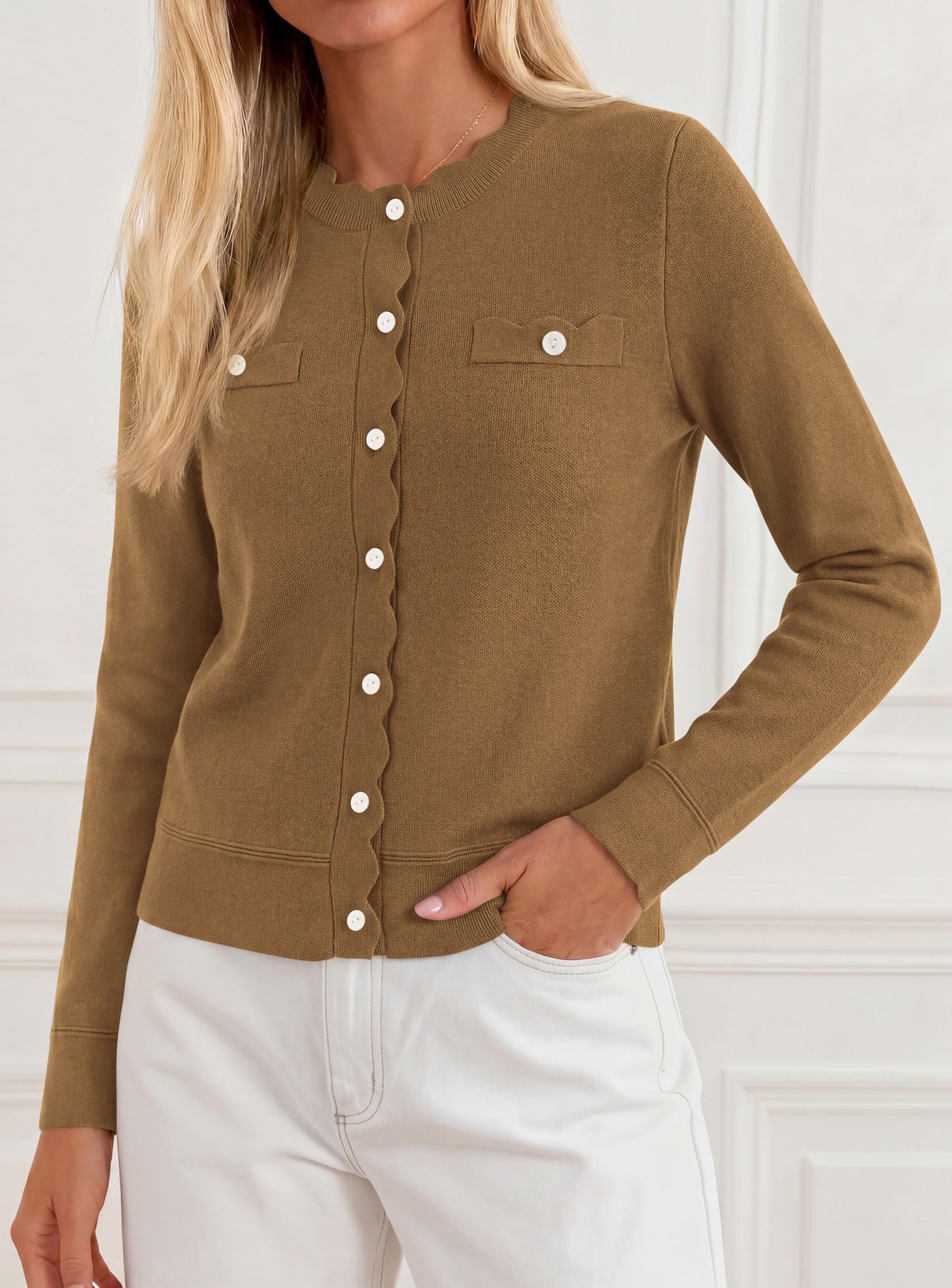 Womens Lightweight Cardigan Sweaters Scalloped Trim Fall Tops