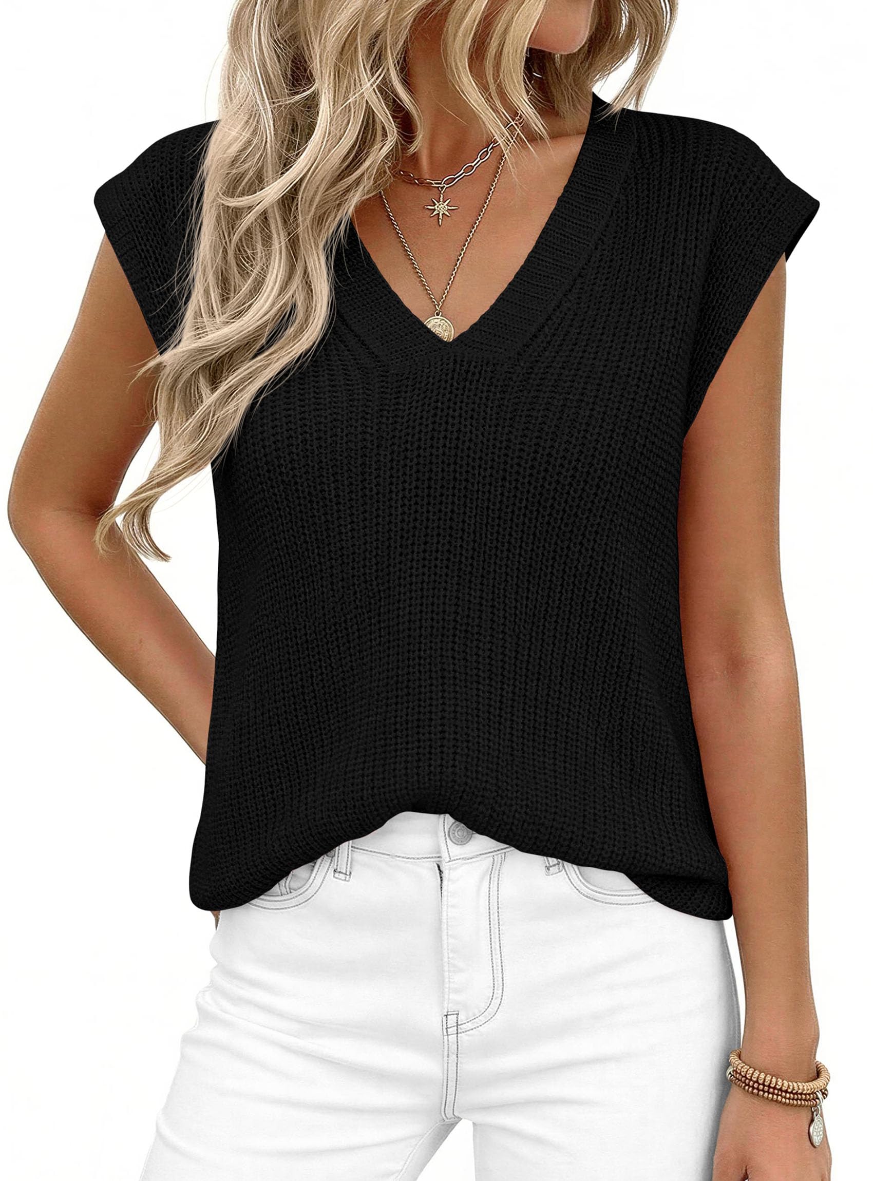 Women's Cap Sleeve Sweaters Vest Summer Tops (Black,S)