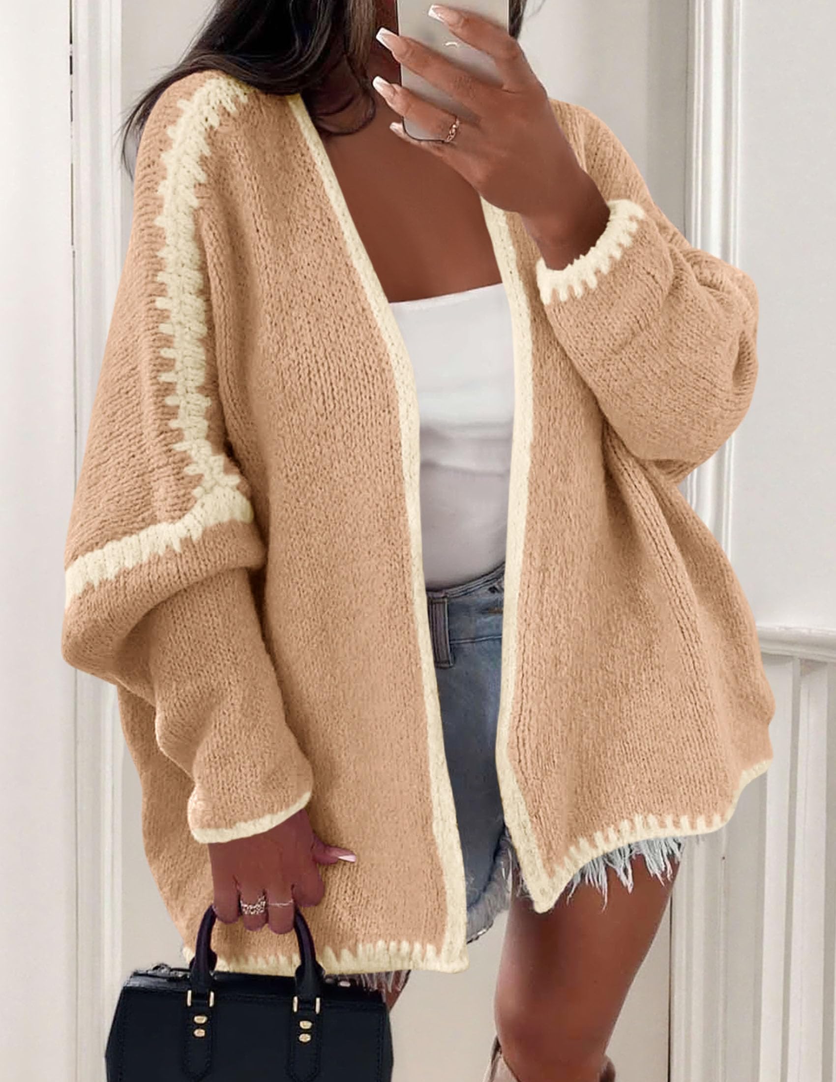 Womens Oversized Cardigan Sweaters 2026 Fall Long Lantern Sleeve Knit Open Front Lightweight Sweater (Style2-Camel,Small)