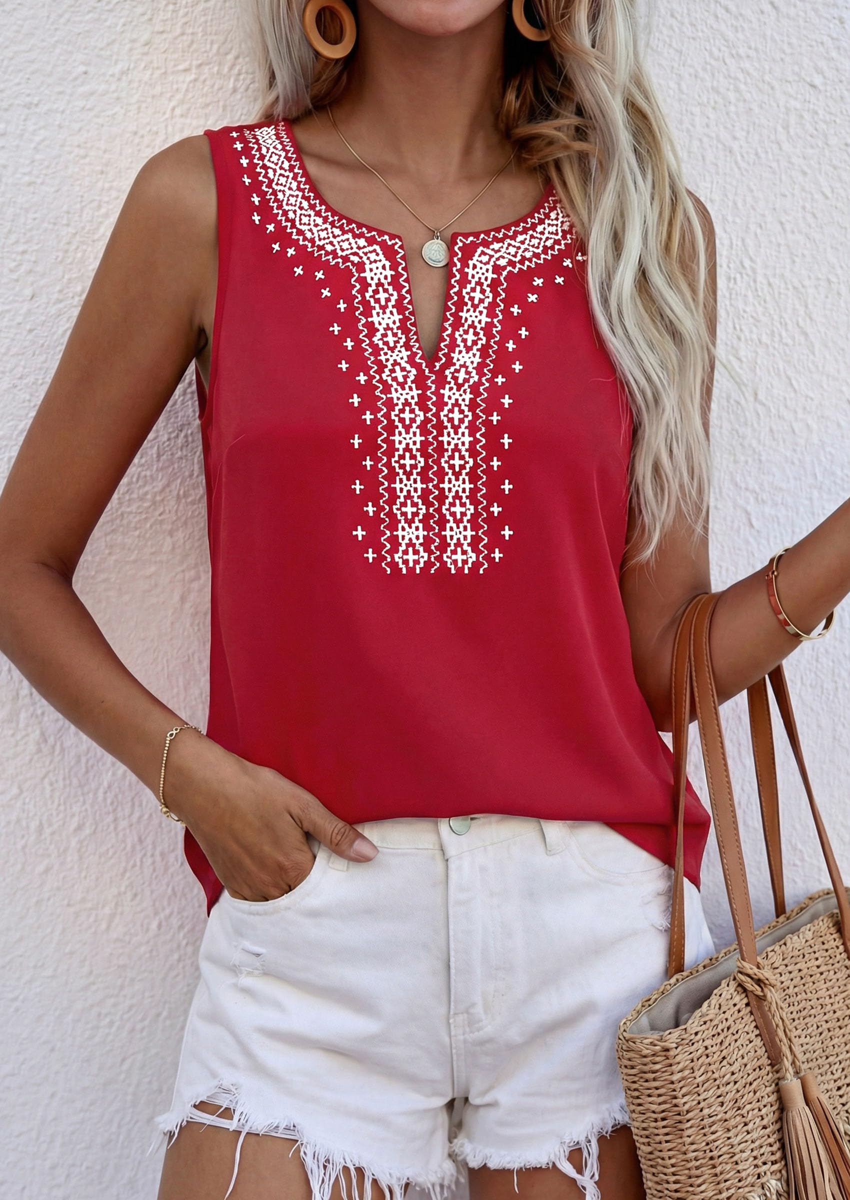 Womens Embroidered Sleeveless Tank Tops Red,S