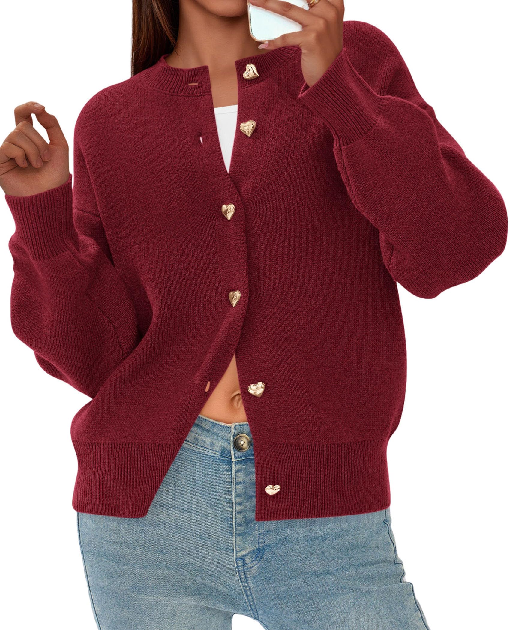 Women's Long Sleeve Button Up Cardigan,Burgundy,M