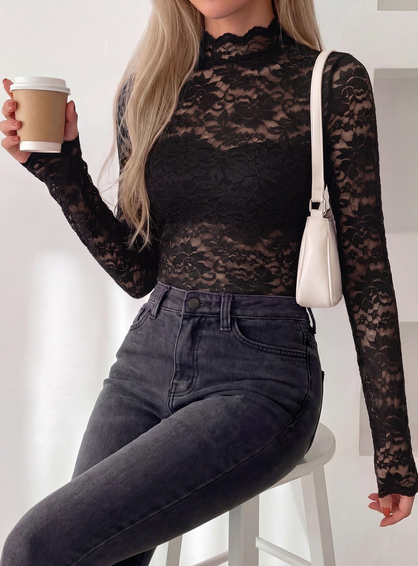 Womens Lace Long Sleeve Tops Sheer Mesh Blouse Black,S