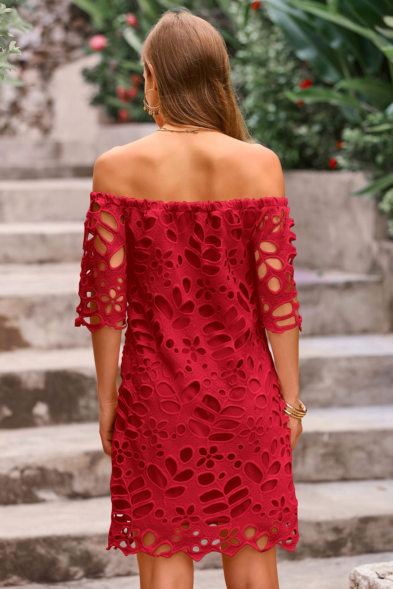 Women's Boho Off the Shoulder Lace Mini Dress, Red,S