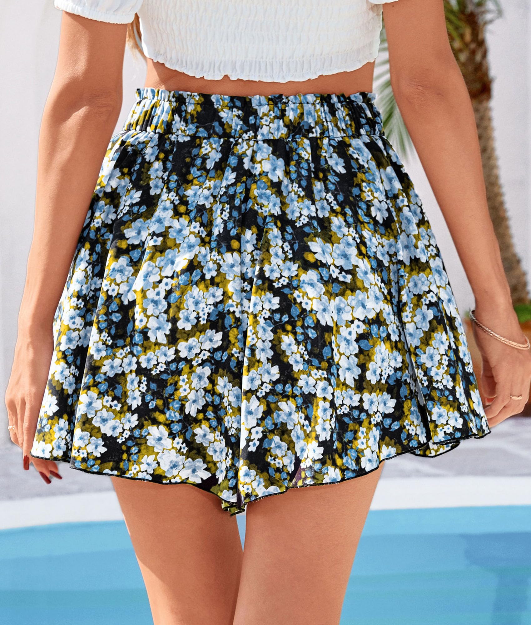 Women's Summer Wide Leg Flowy Shorts,Print Blue Yellow,M