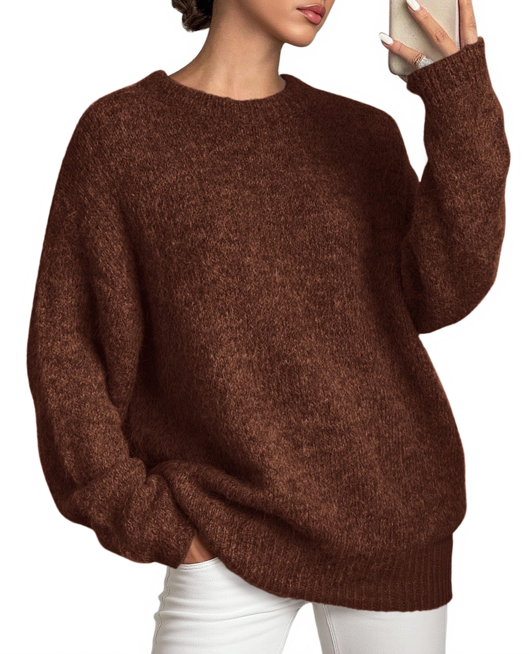 Womens Long Sleeve Oversized Pullover Sweater,Dark Brown,S