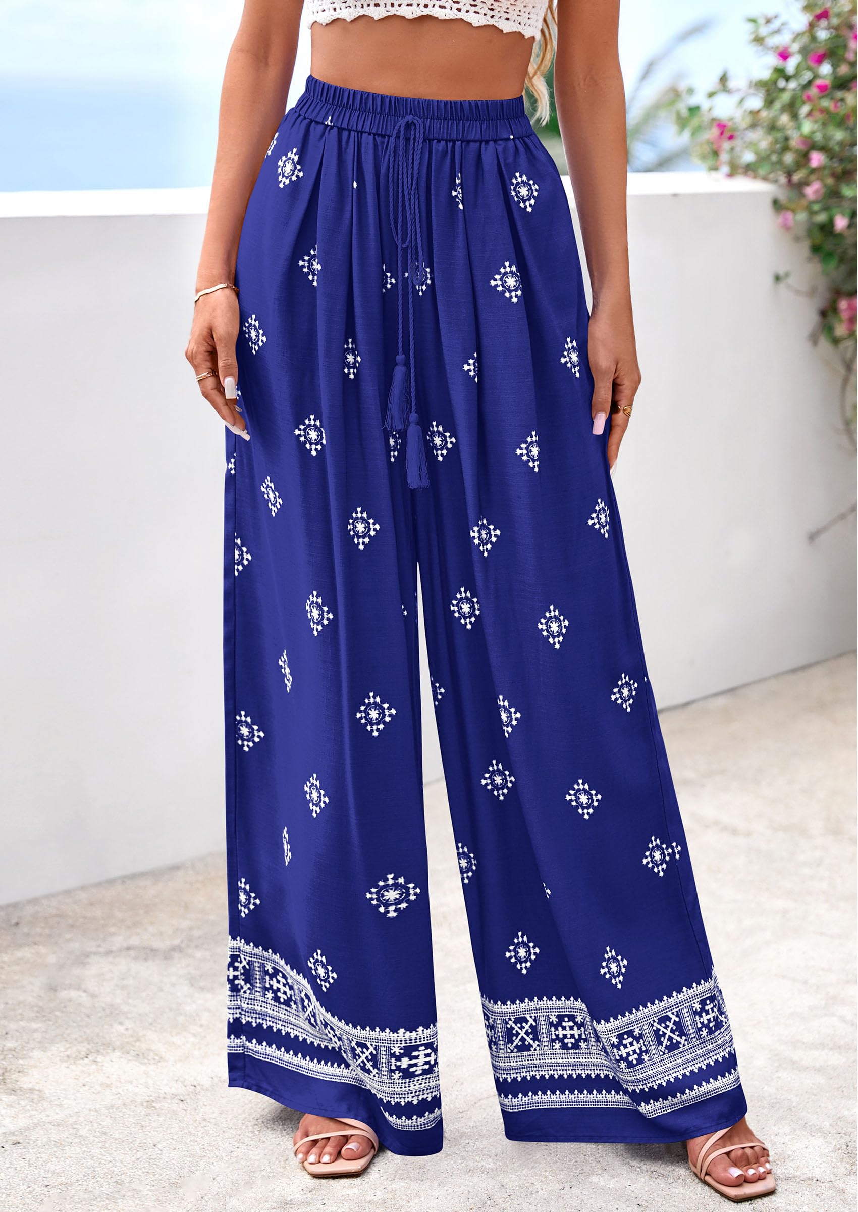 Wide Leg Flowy Boho Pants for Women, Royal Blue,S