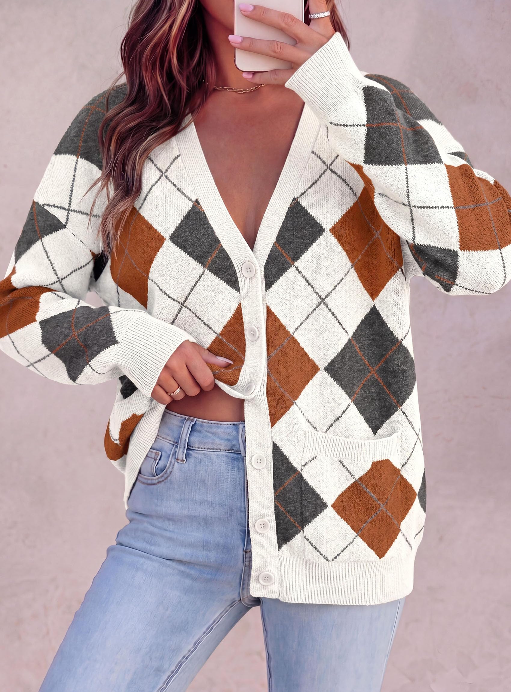 Women's Cardigan Argyle Winter Sweaters (Plaid White,S)