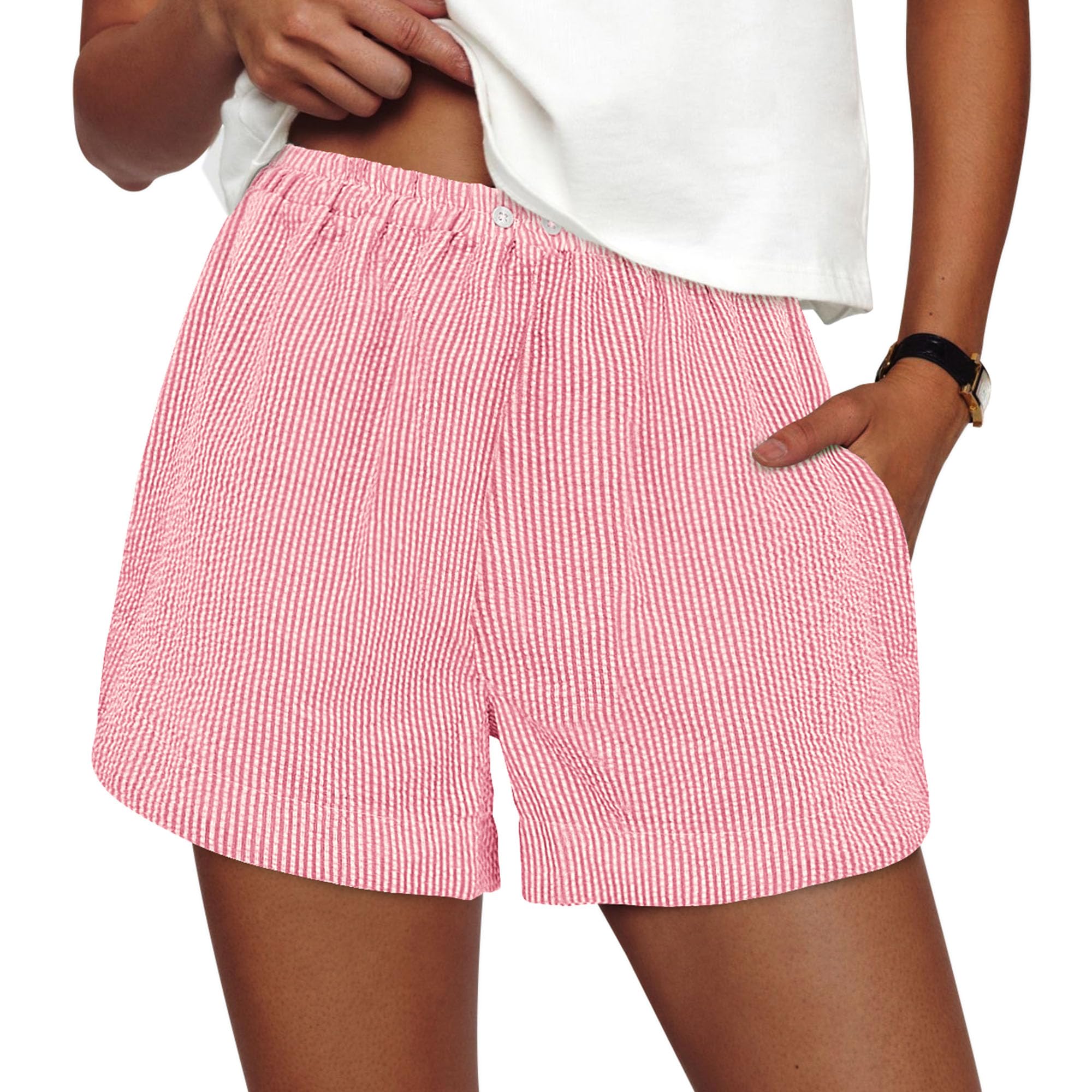 Women's Summer Striped Boxer Shorts, Striped Pink White,S