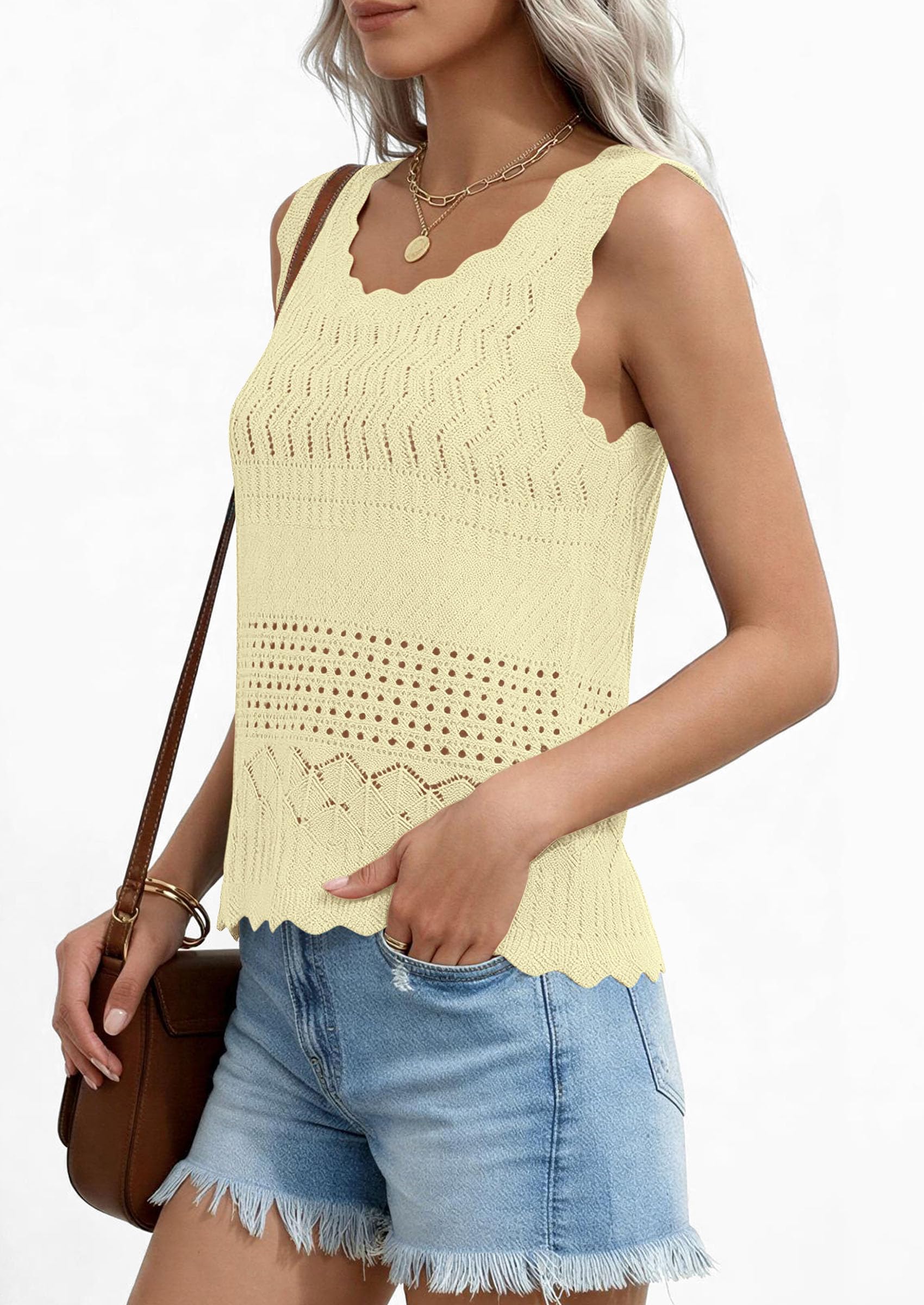 Womens Crochet Tank Tops Knit Sleeveless Vest,Yellow,S