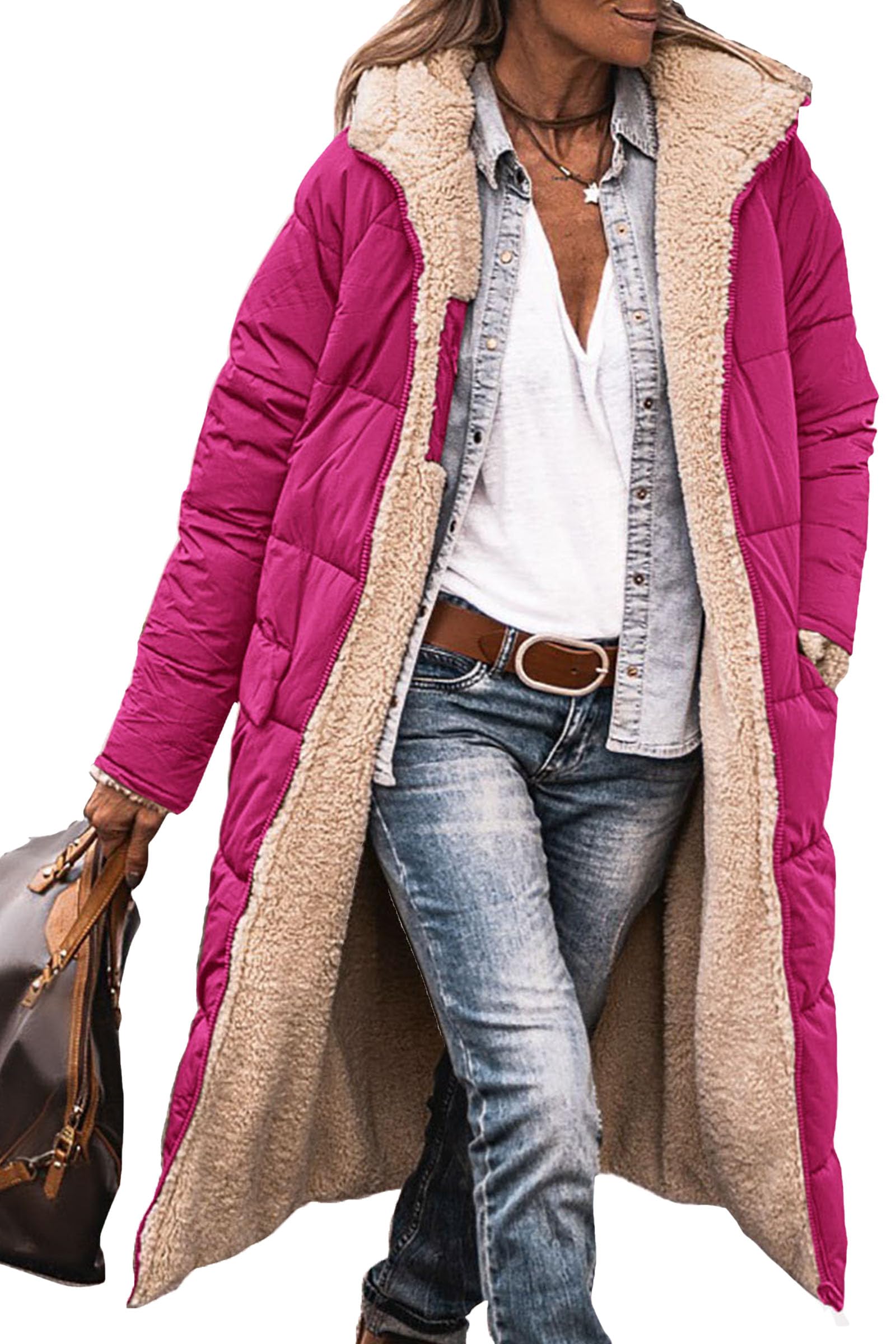 Women's Winter Fleece Warm Long Coats(Rose Red,Medium)