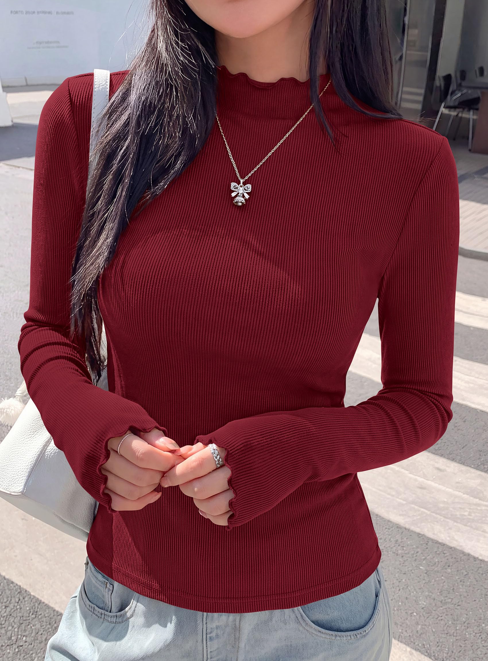 Women's Long Sleeve T Shirts Lettuce Trim Mock Neck Tops