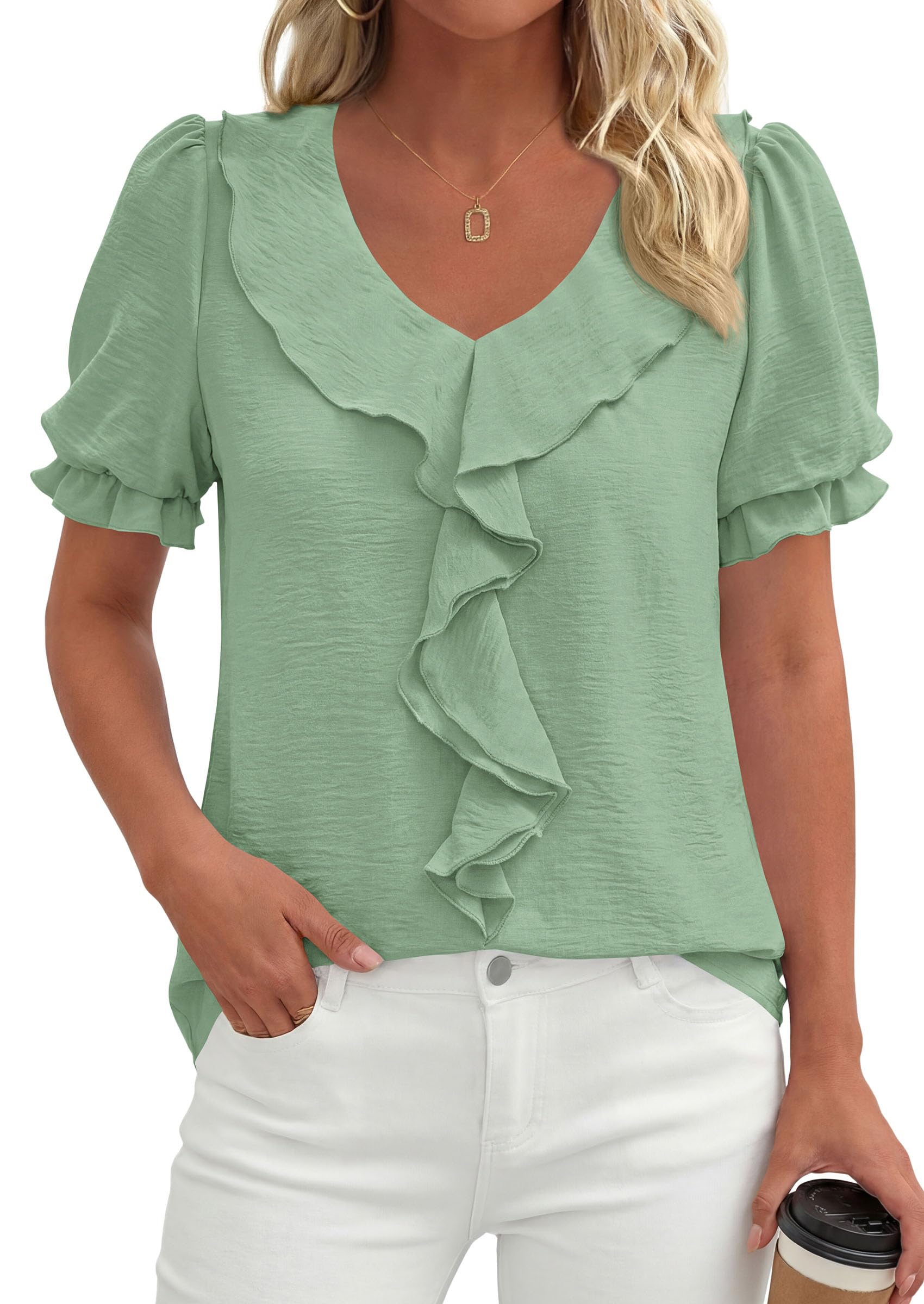 Women's Summer Ruffle Dressy Casual Blouses (Light Green,S)