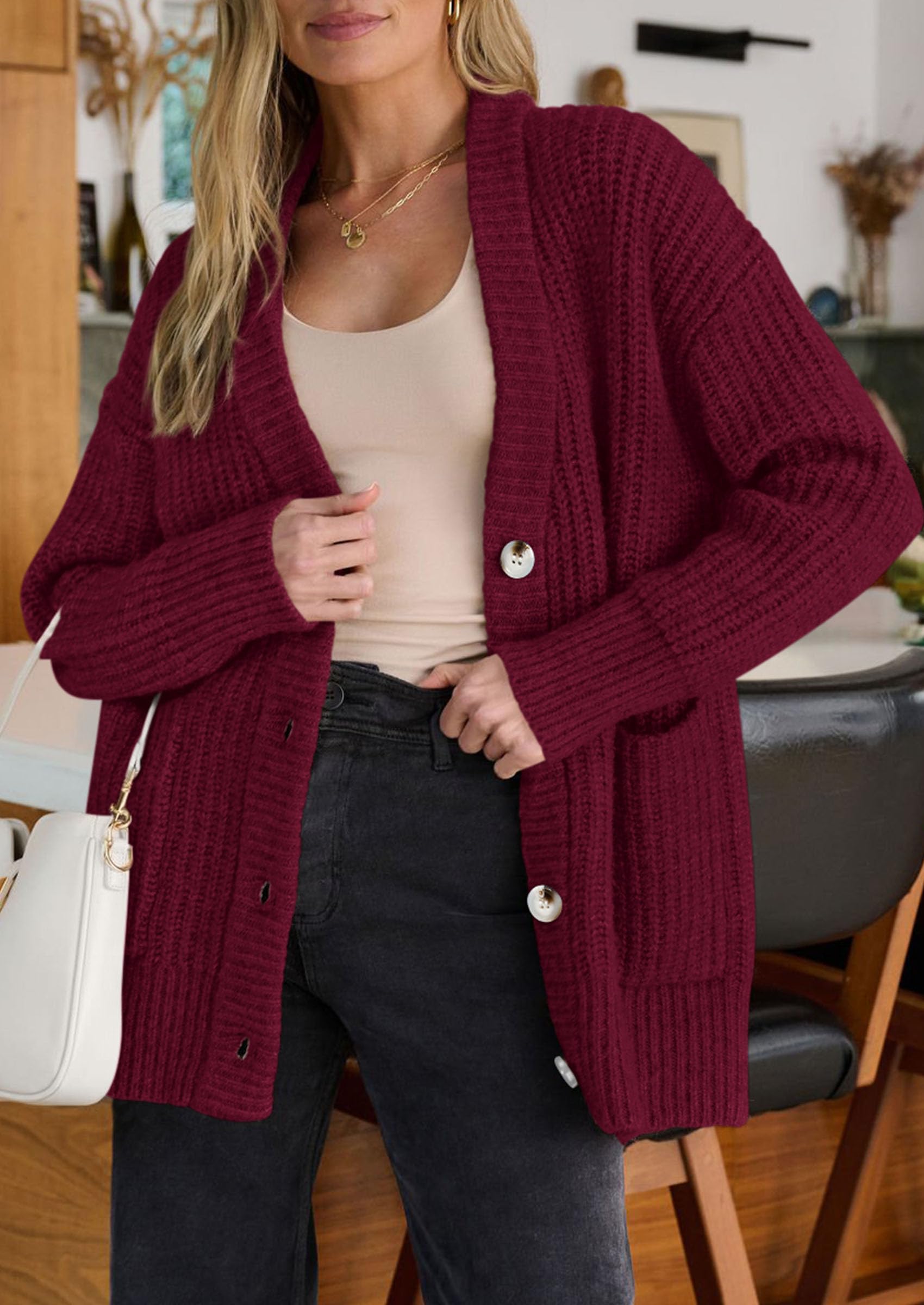 Oversized Cardigan Sweaters for Women Button Up,Burgundy,S