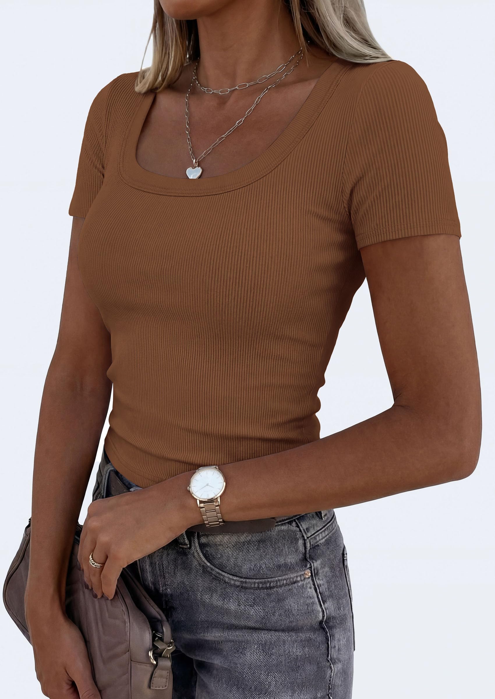 Womens Summer Short Sleeve Scoop Neck Tops,Khaki,S