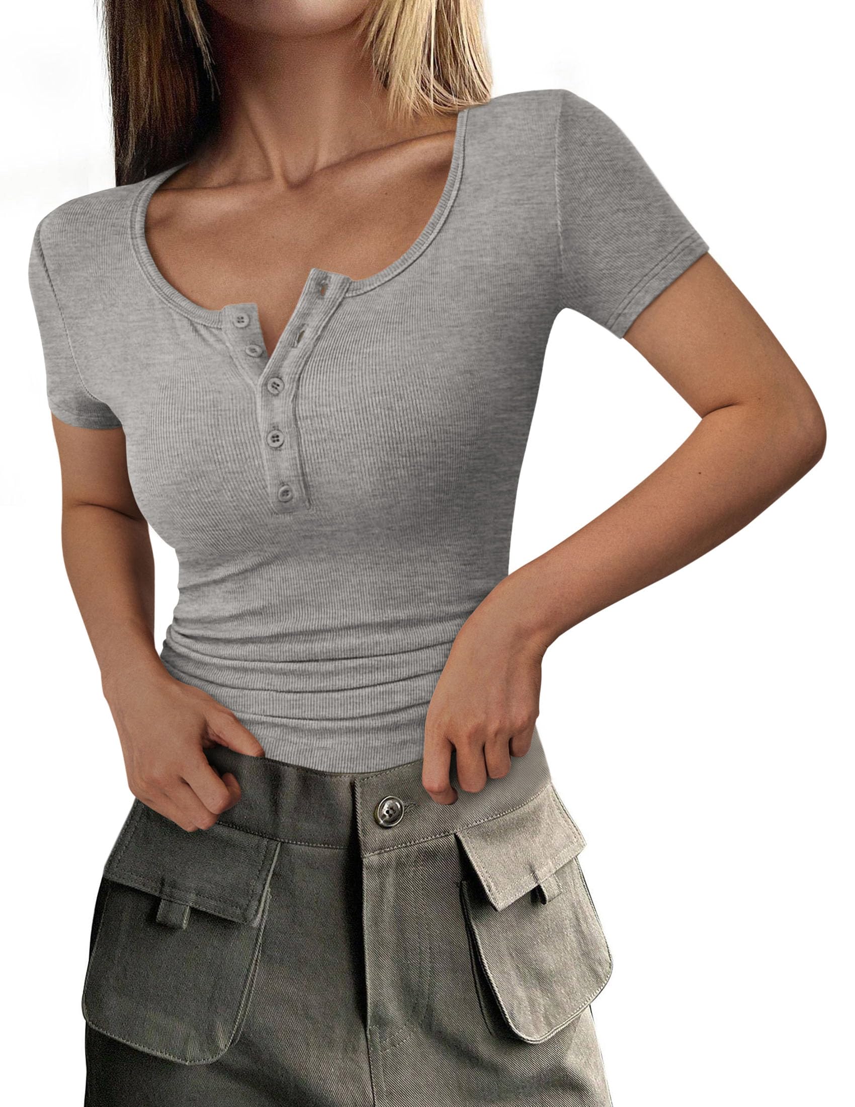 Women's Summer Tops Henley Tee Shirts (Grey,X-Small)