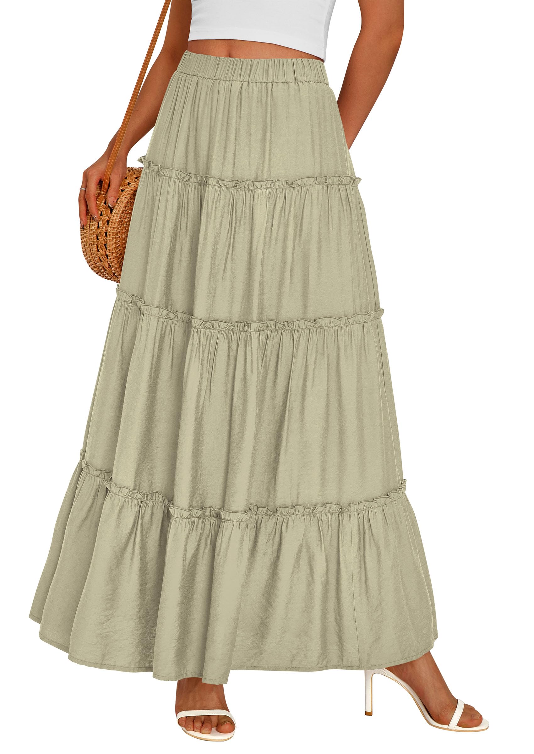 Women's Boho Tiered Ruffle Flowy Maxi Skirt, Sage Green,S