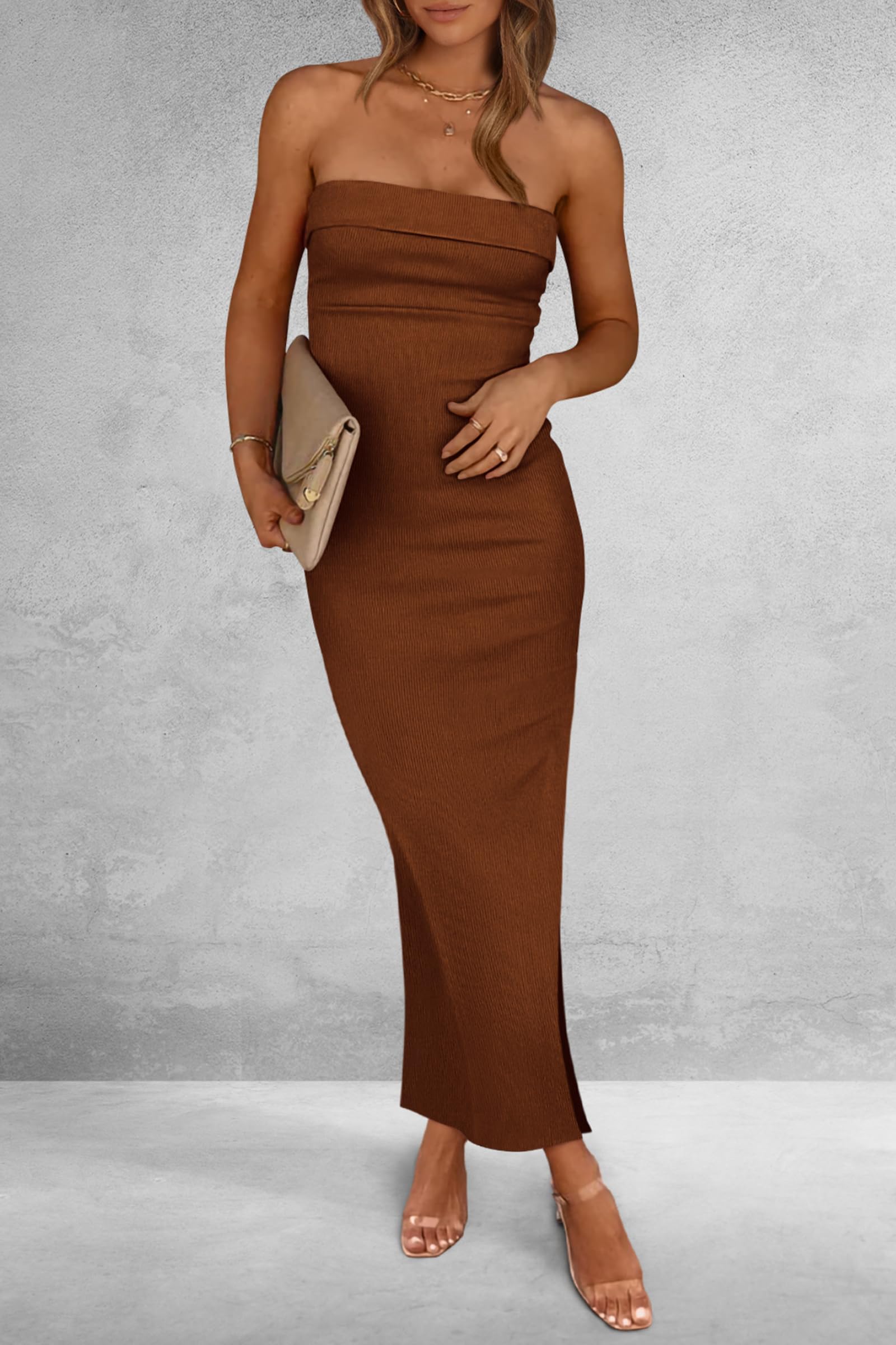 Women's Summer Strapless Cocktail Maxi Dresses Brown