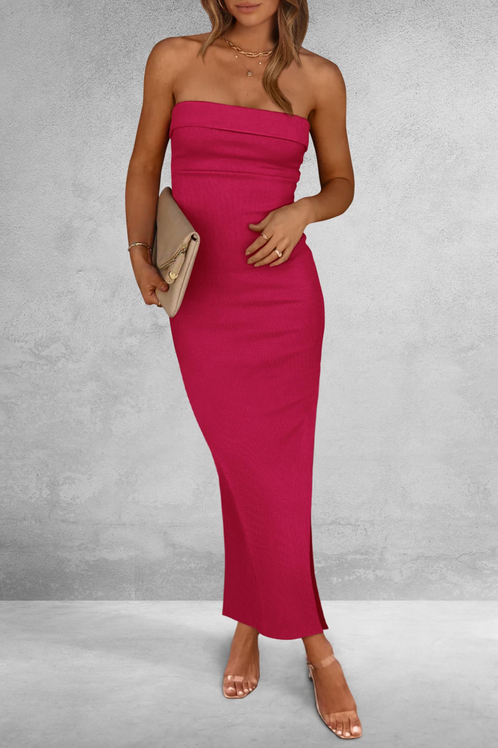 Women's Summer Strapless Cocktail Maxi Dresses Rose Red