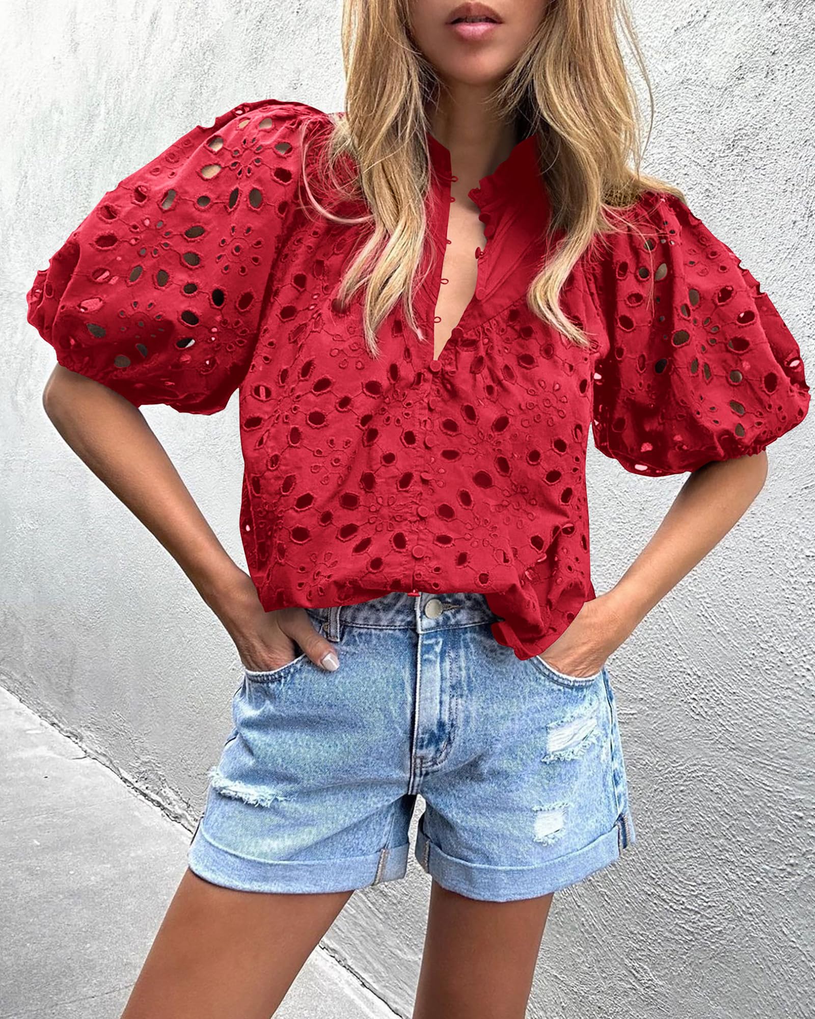 Womens Tops Boho Eyelet Puff Sleeve Blouse, Red,S