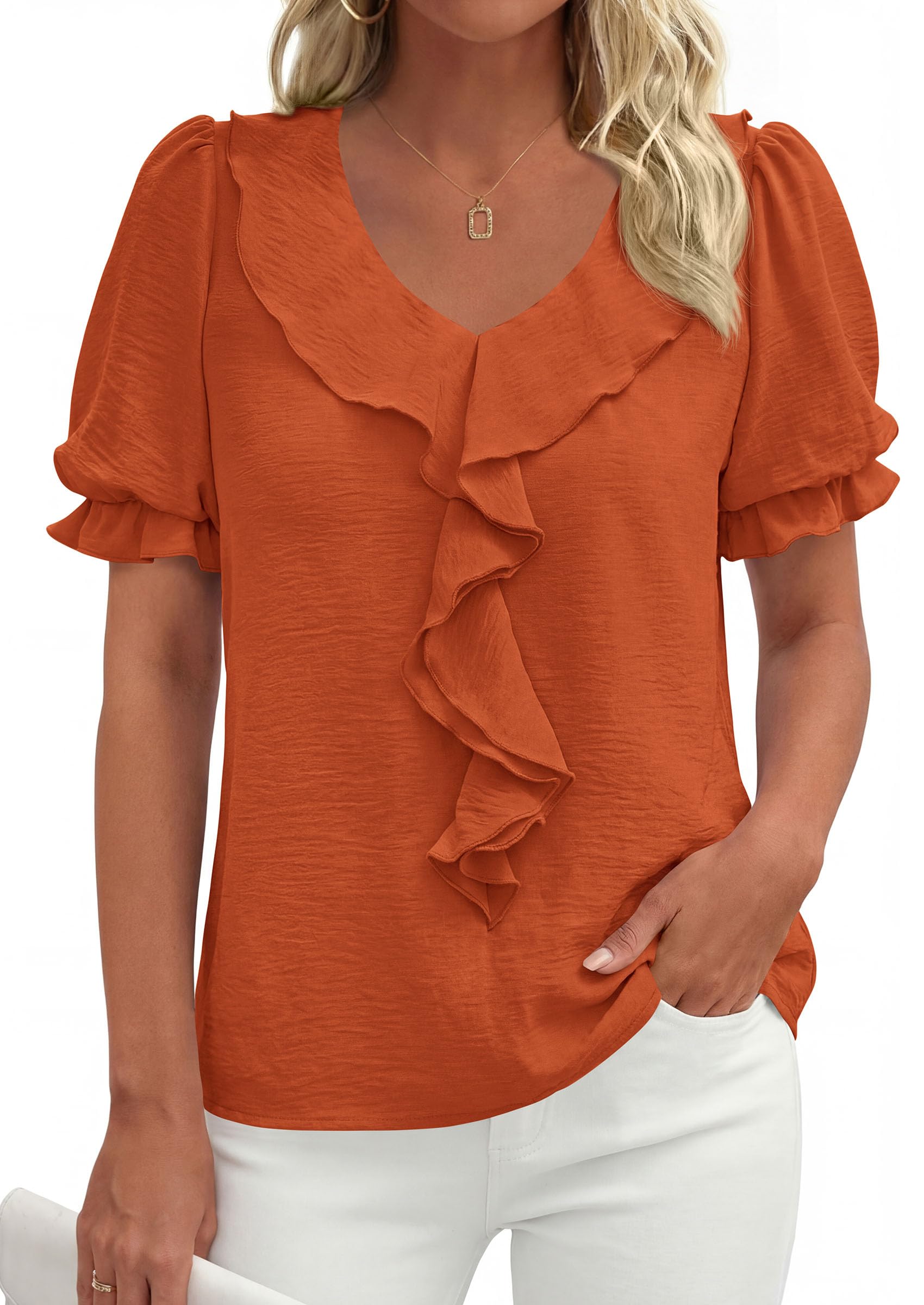 Women's Summer Ruffle Dressy Casual Blouses (Brown Orange,S)