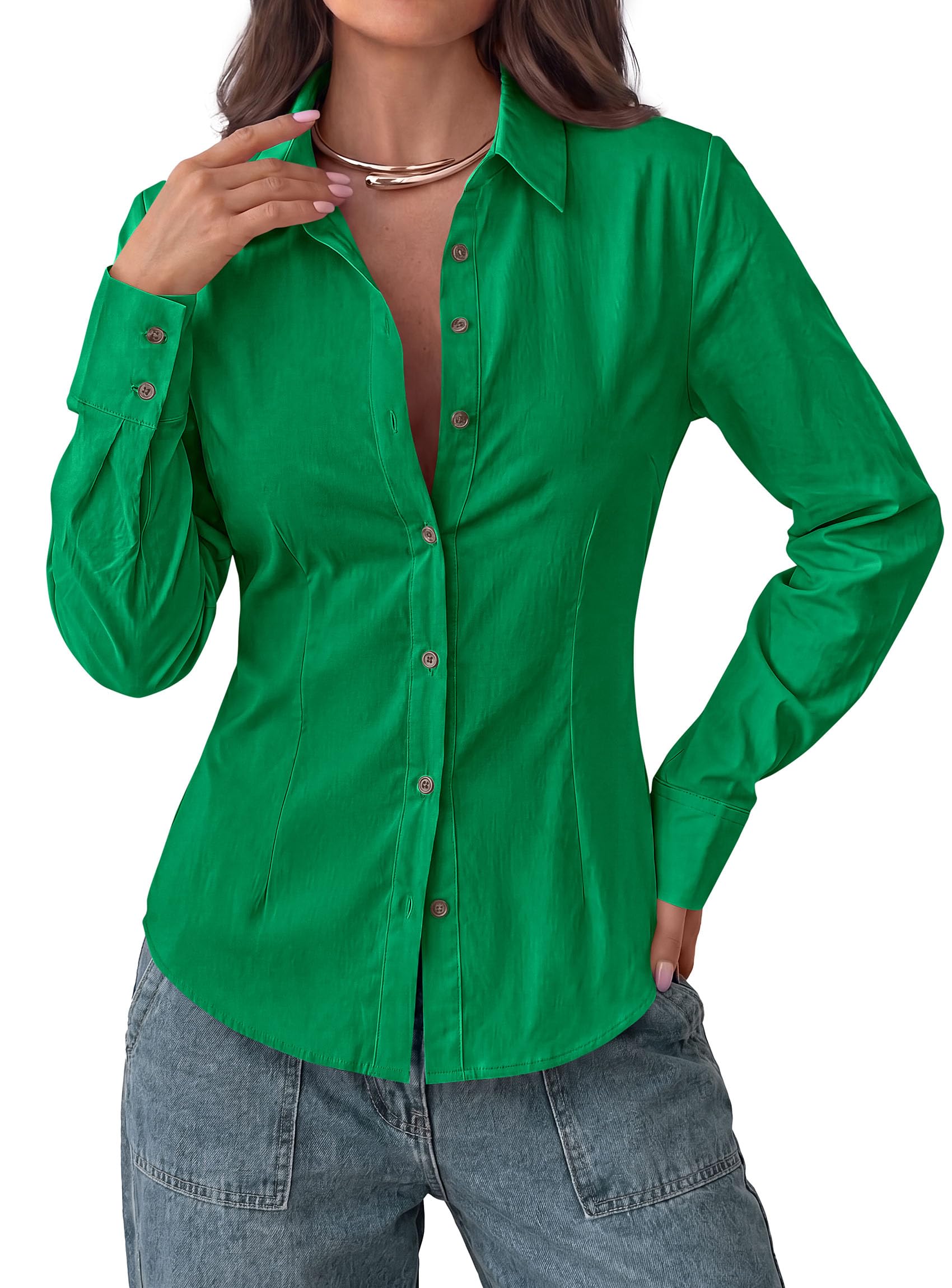 Womens Button Down Shirts Long Sleeve Blouse (Green,S)
