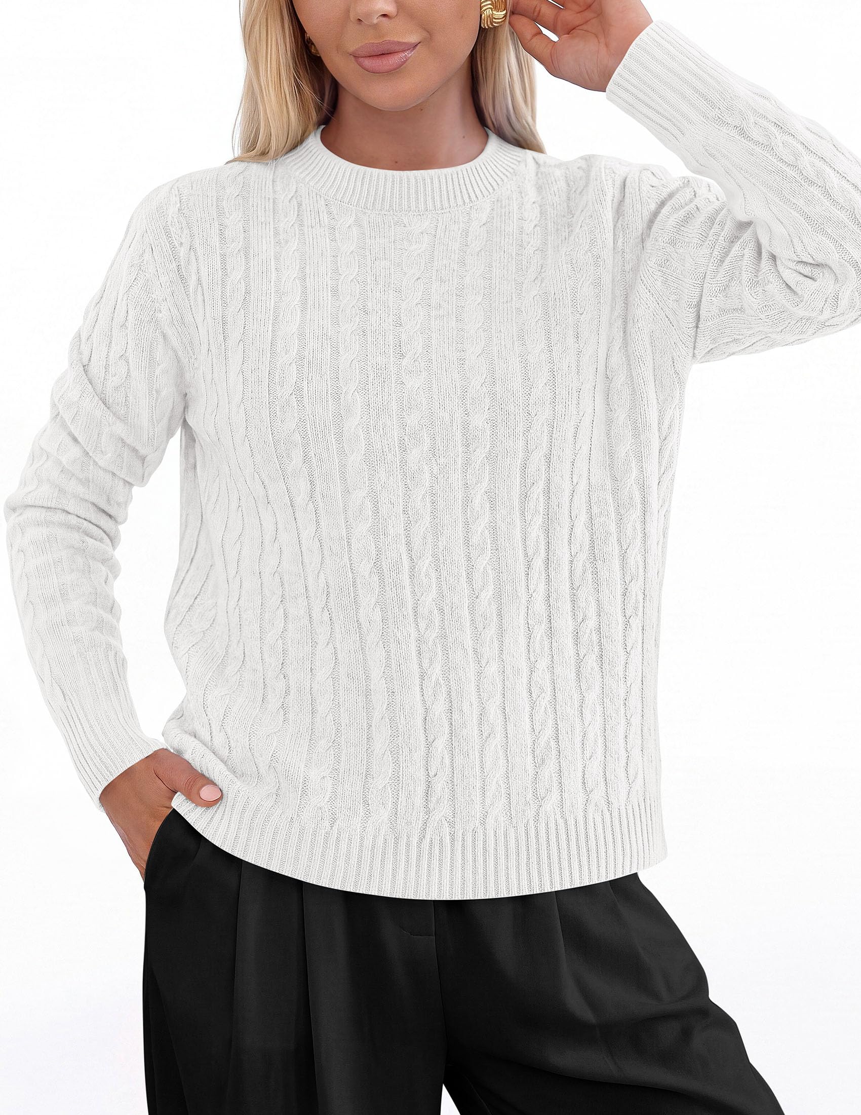 Womens Cable Knit Crewneck Fall Sweater Long Sleeve Tops 2026