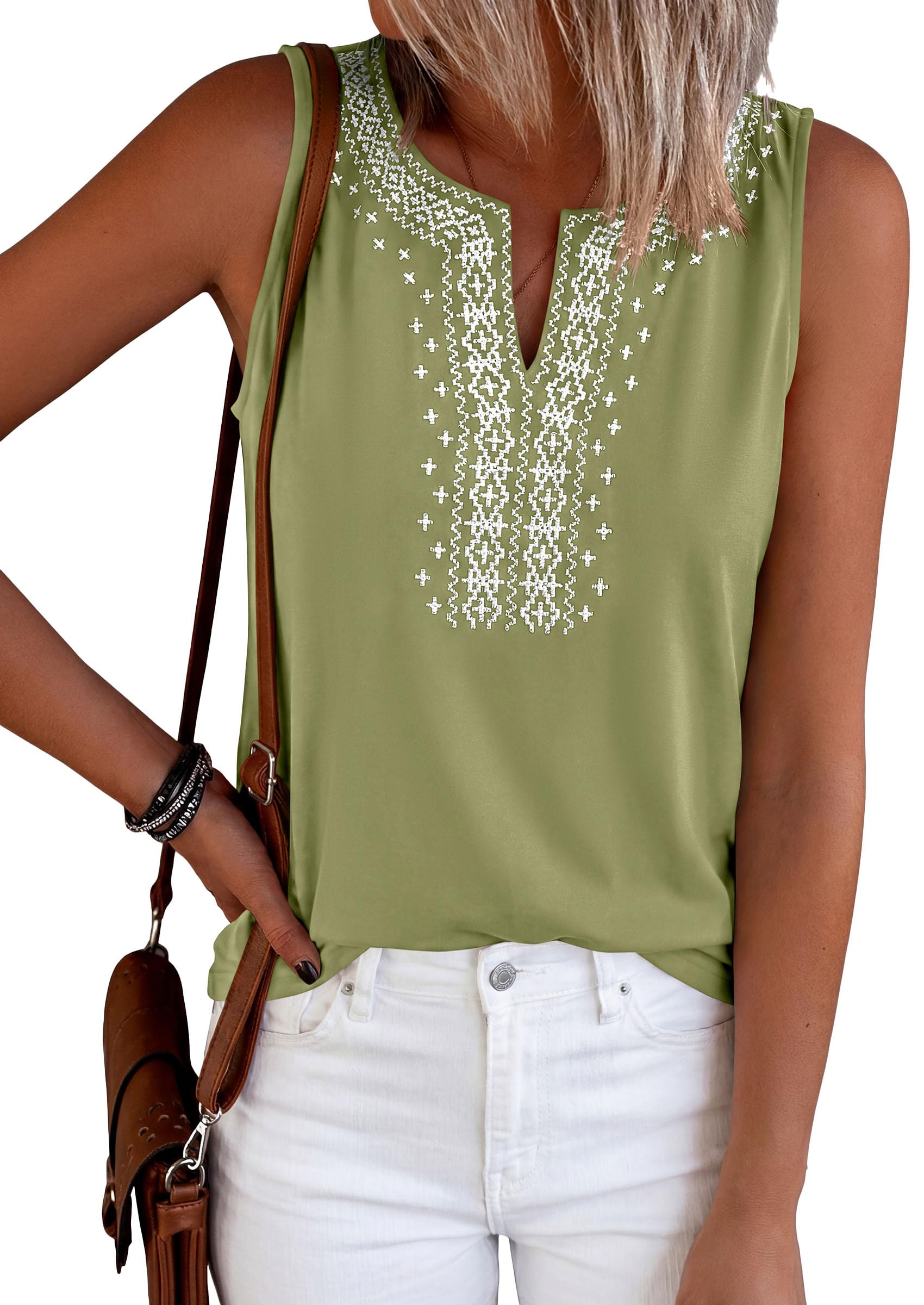 Womens Embroidered Sleeveless Tank Tops Sage Green,S