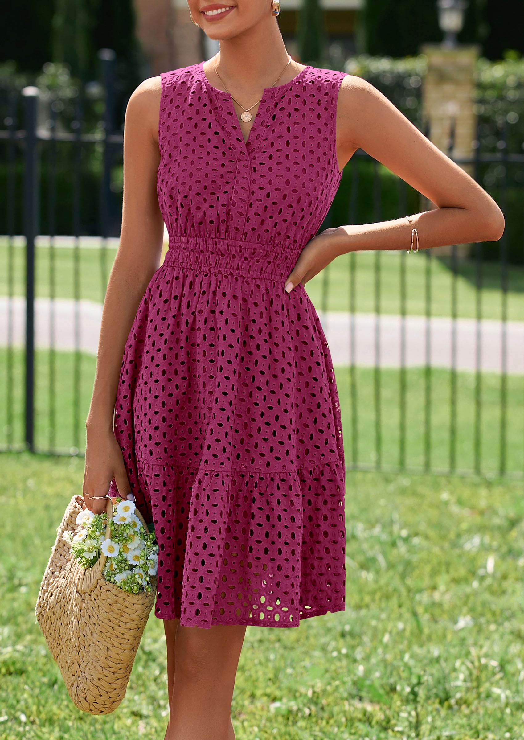 Women's Summer Eyelet A Line Short Dresses,Burgundy,S