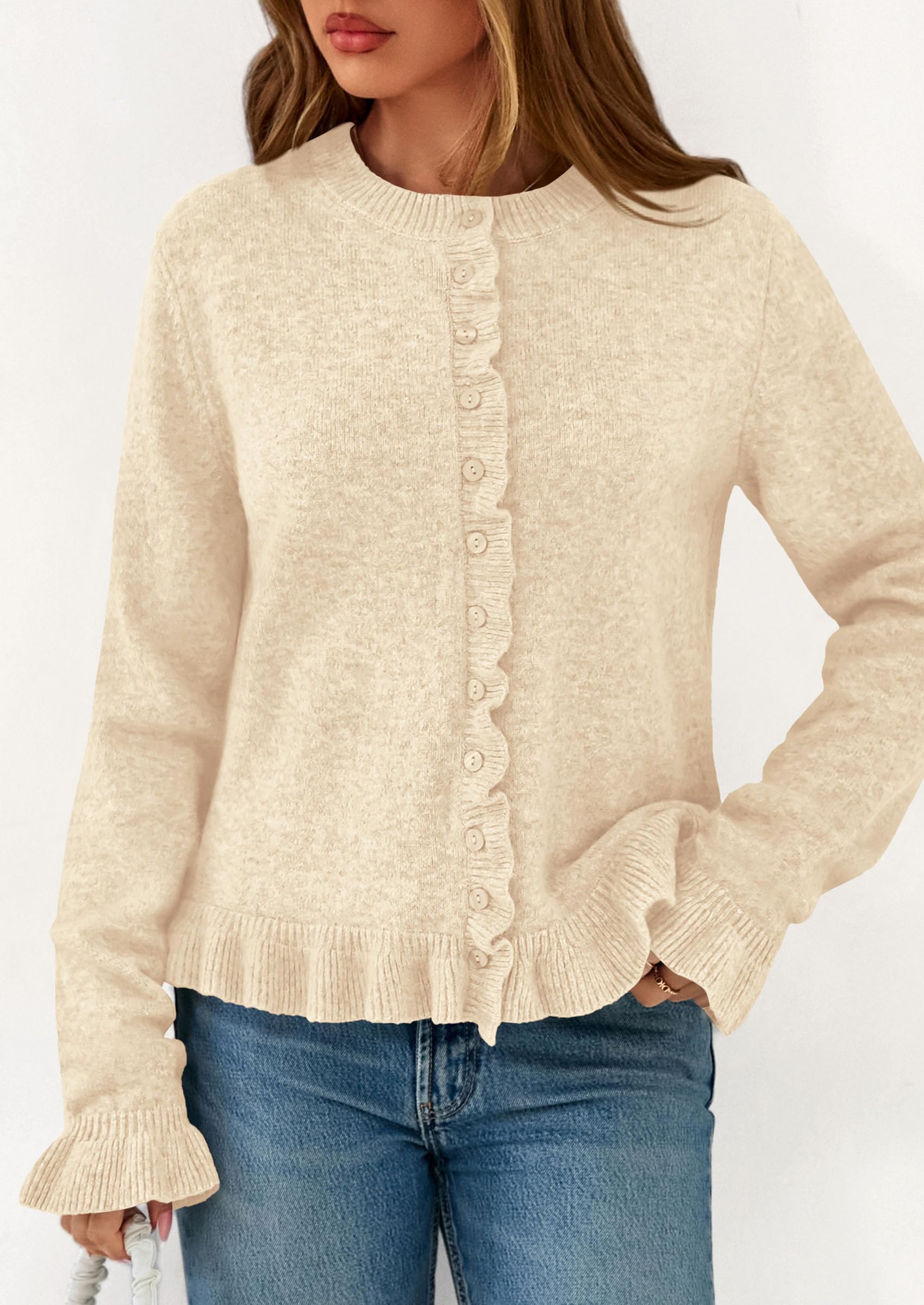 Womens Ruffle Button Down Cardigan Sweaters,Beige,S